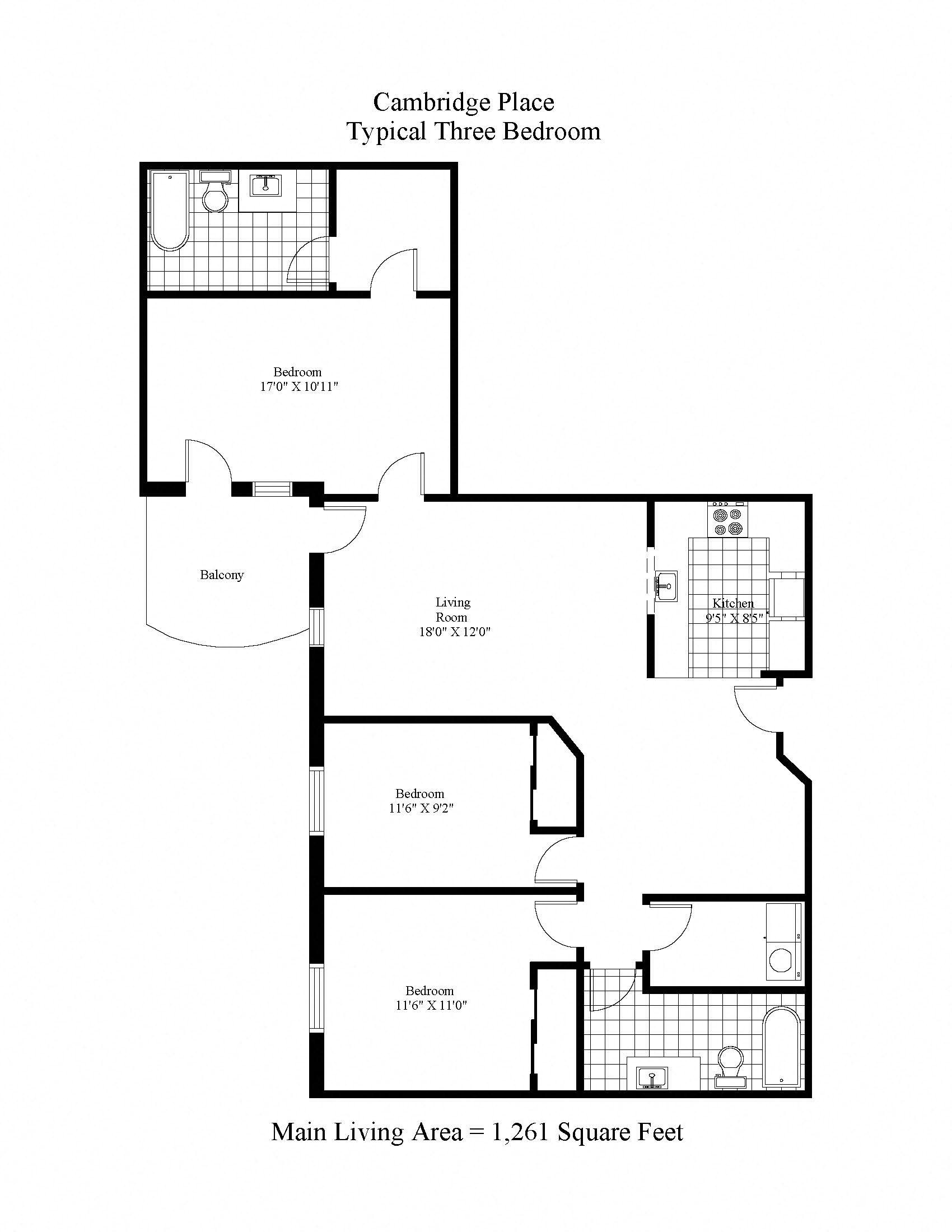 Floor plan for 3 beds, 1 bath, 1288 sqft