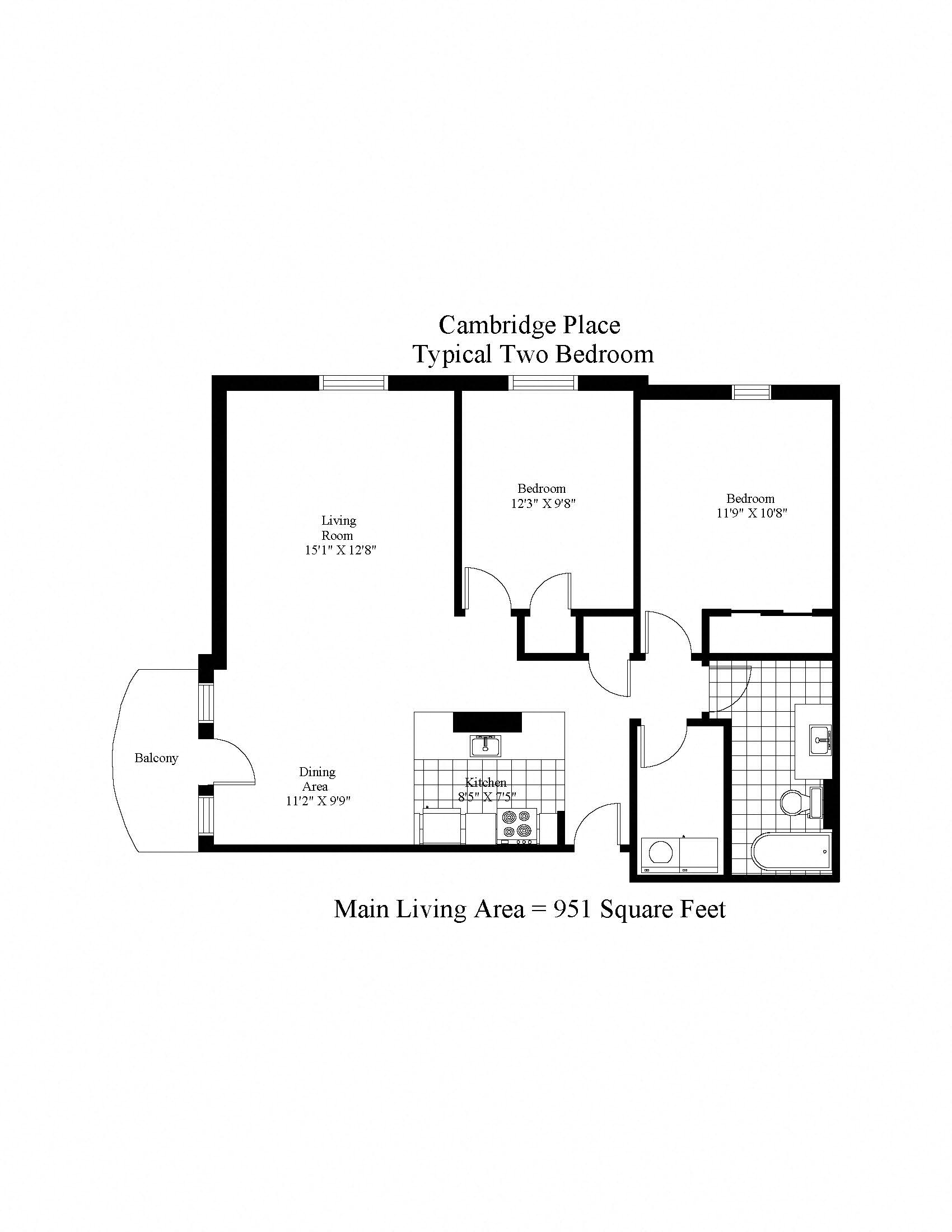 Floor plan for 2 beds, 1 bath, 1018 sqft