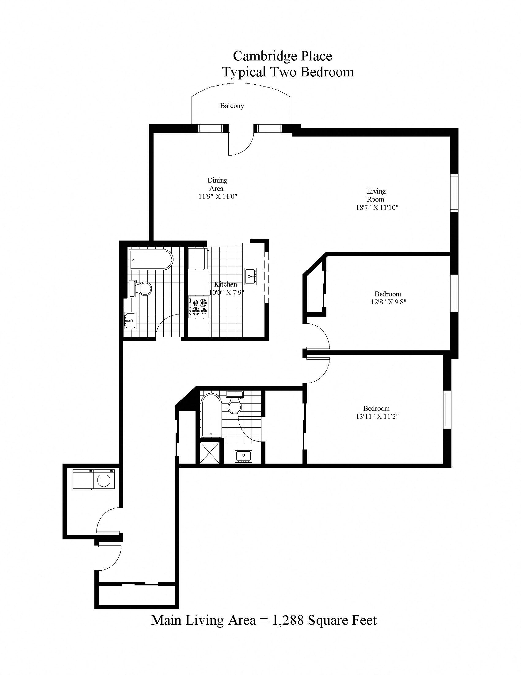 Floor plan for 2 beds, 2 baths, 1090 sqft