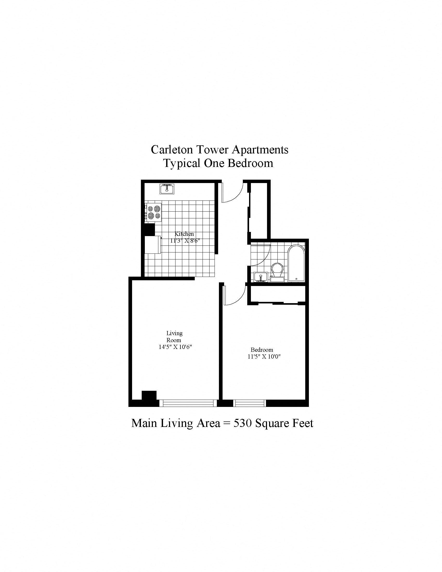 Floor plan for 1 bed, 1 bath, 530 sqft