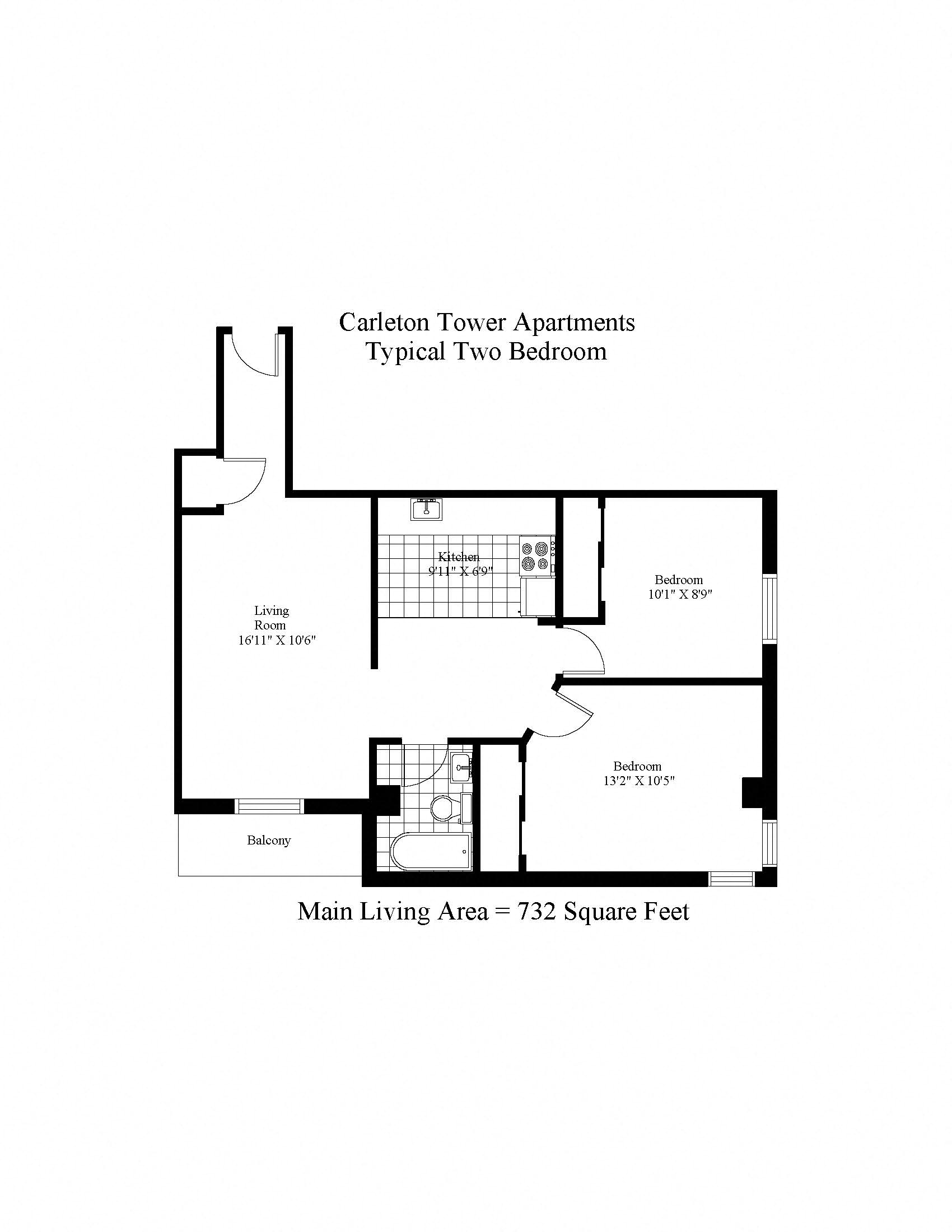Floor plan for 2 beds, 1 bath, 732 sqft
