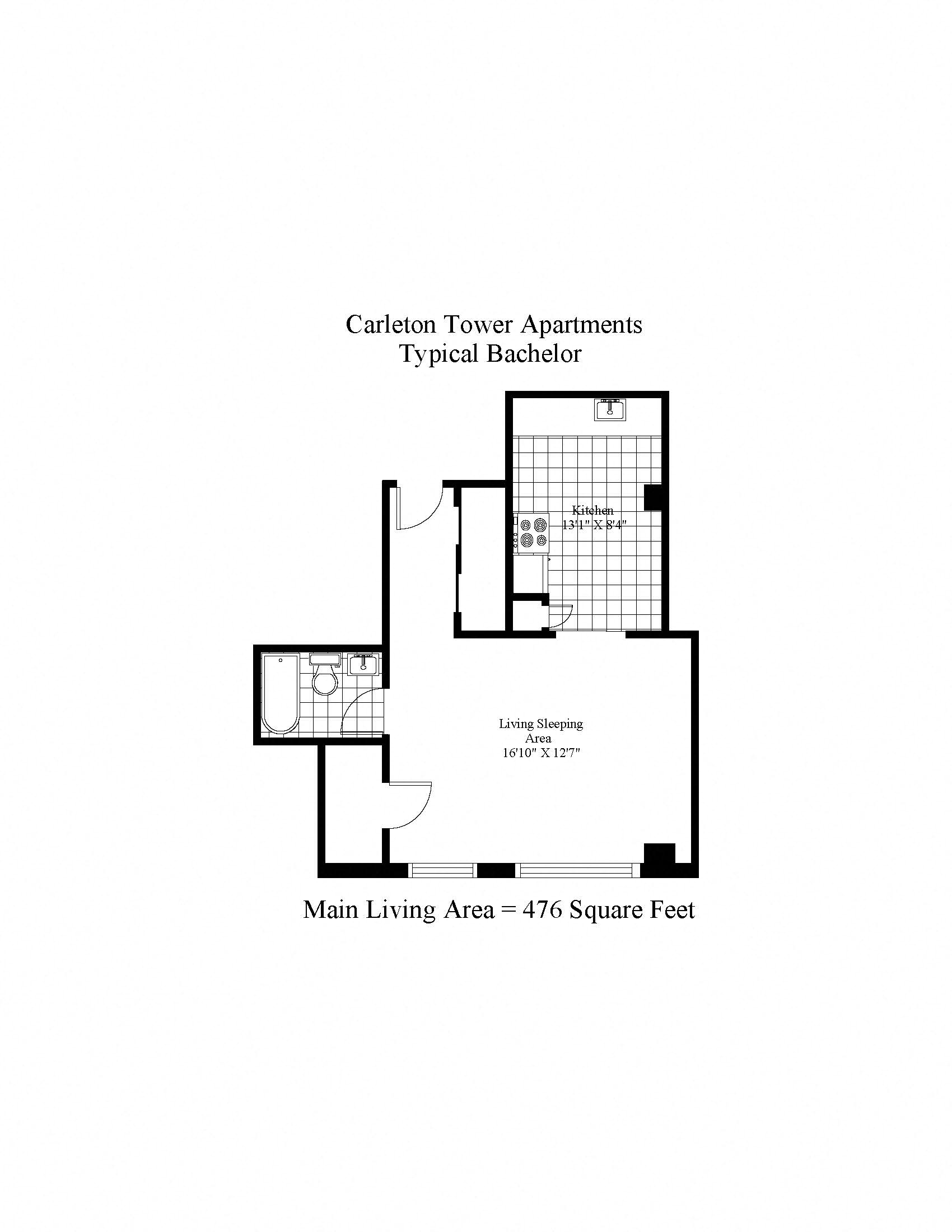 Floor plan for studio, 1 bath, 401 sqft