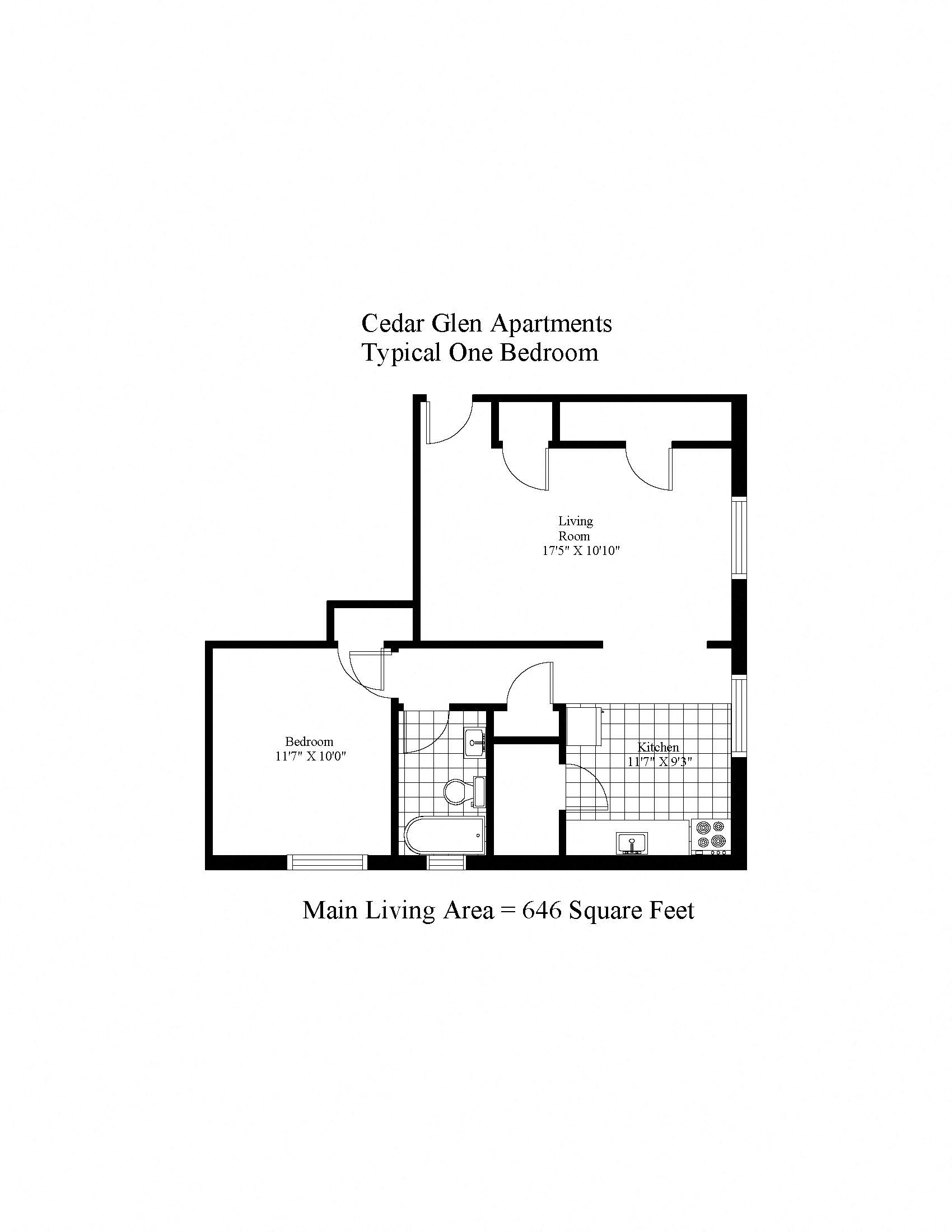 Floor plan for 1 bed, 1 bath, 646 sqft