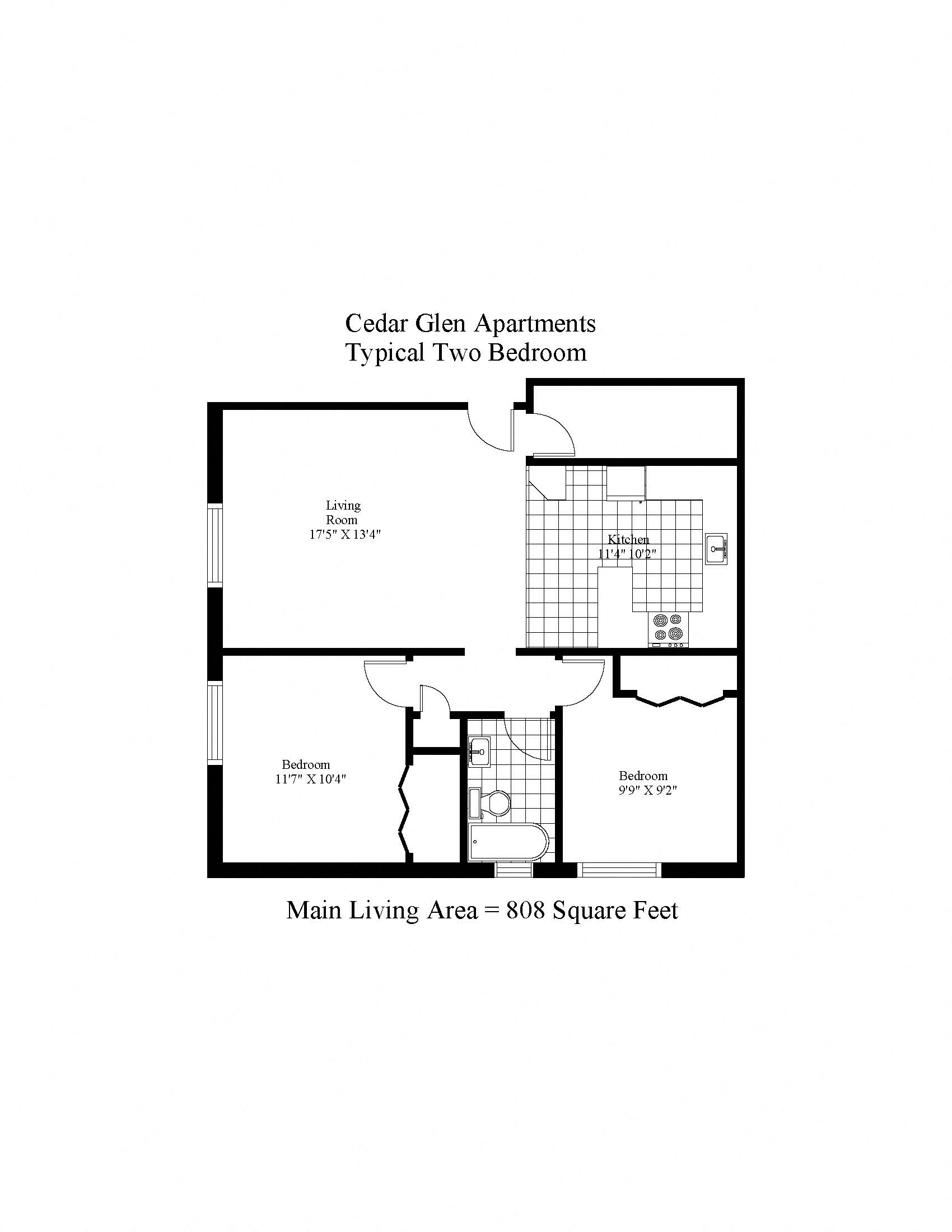 Floor plan for 2 beds, 1 bath, 808 sqft