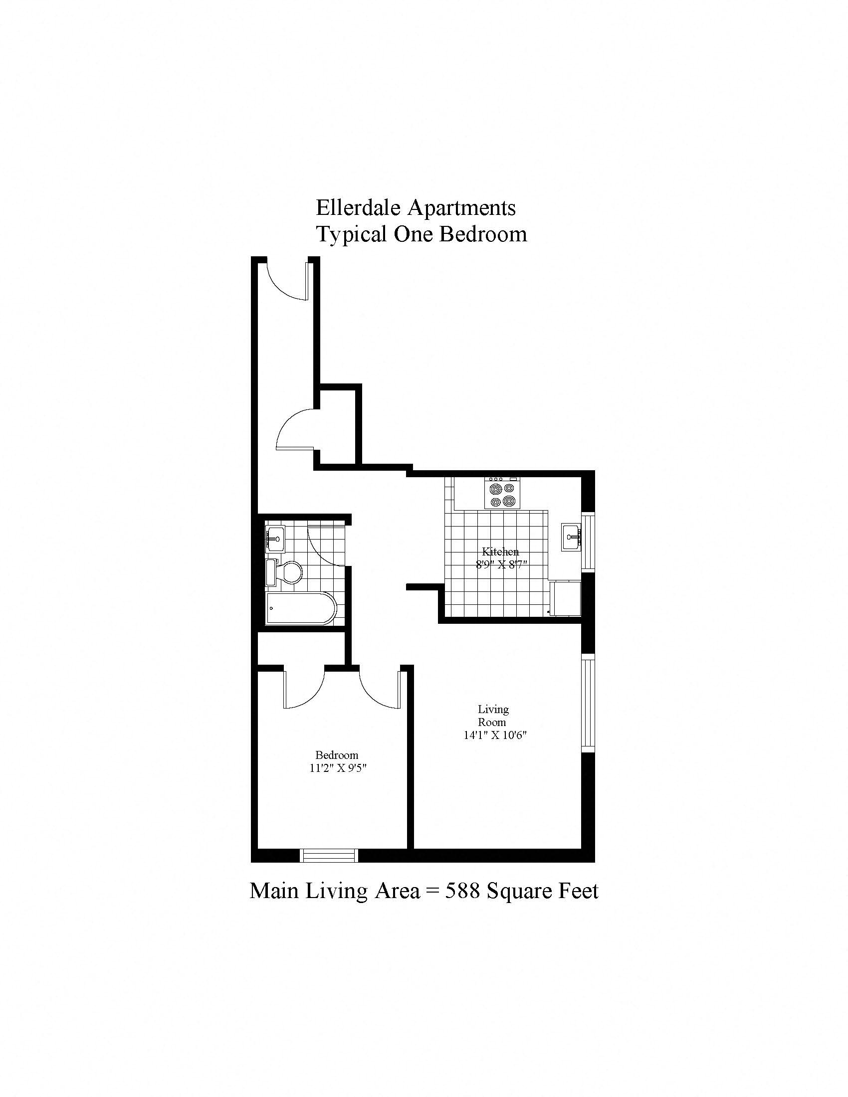 Floor plan for 1 bed, 1 bath, 797 sqft