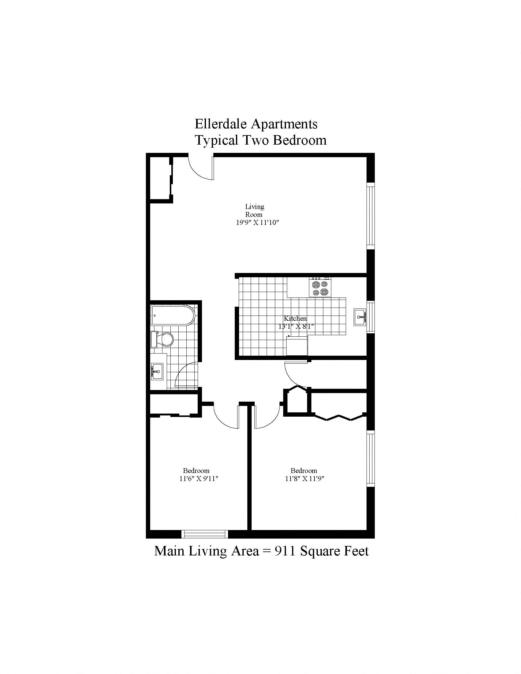 Floor plan for 2 beds, 1 bath, 890 sqft