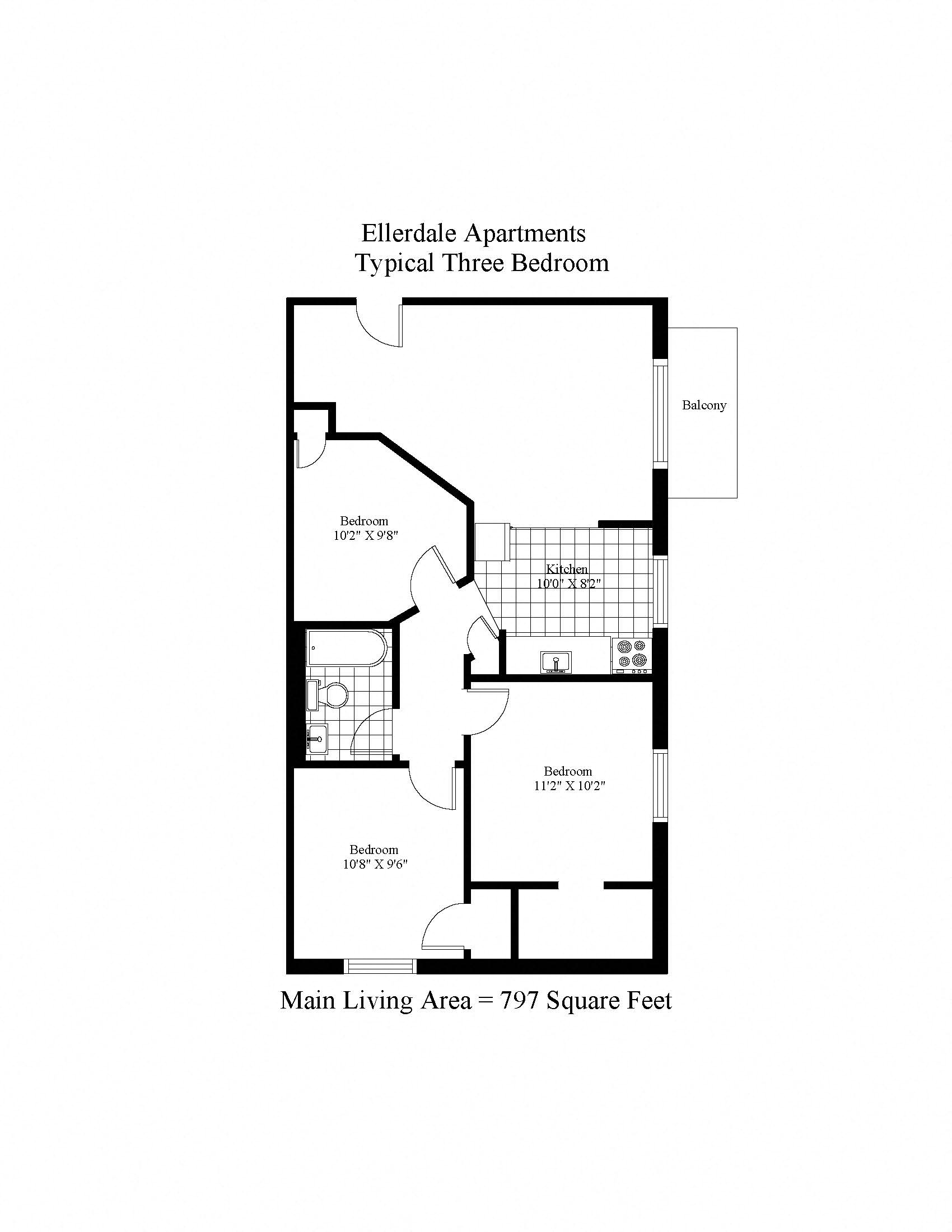 Floor plan for 3 beds, 1 bath, 797 sqft