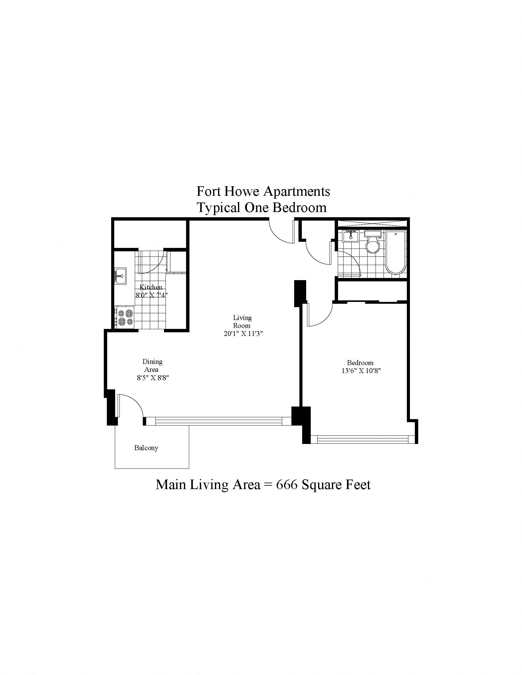Floor plan for 1 bed, 1 bath, 666 sqft