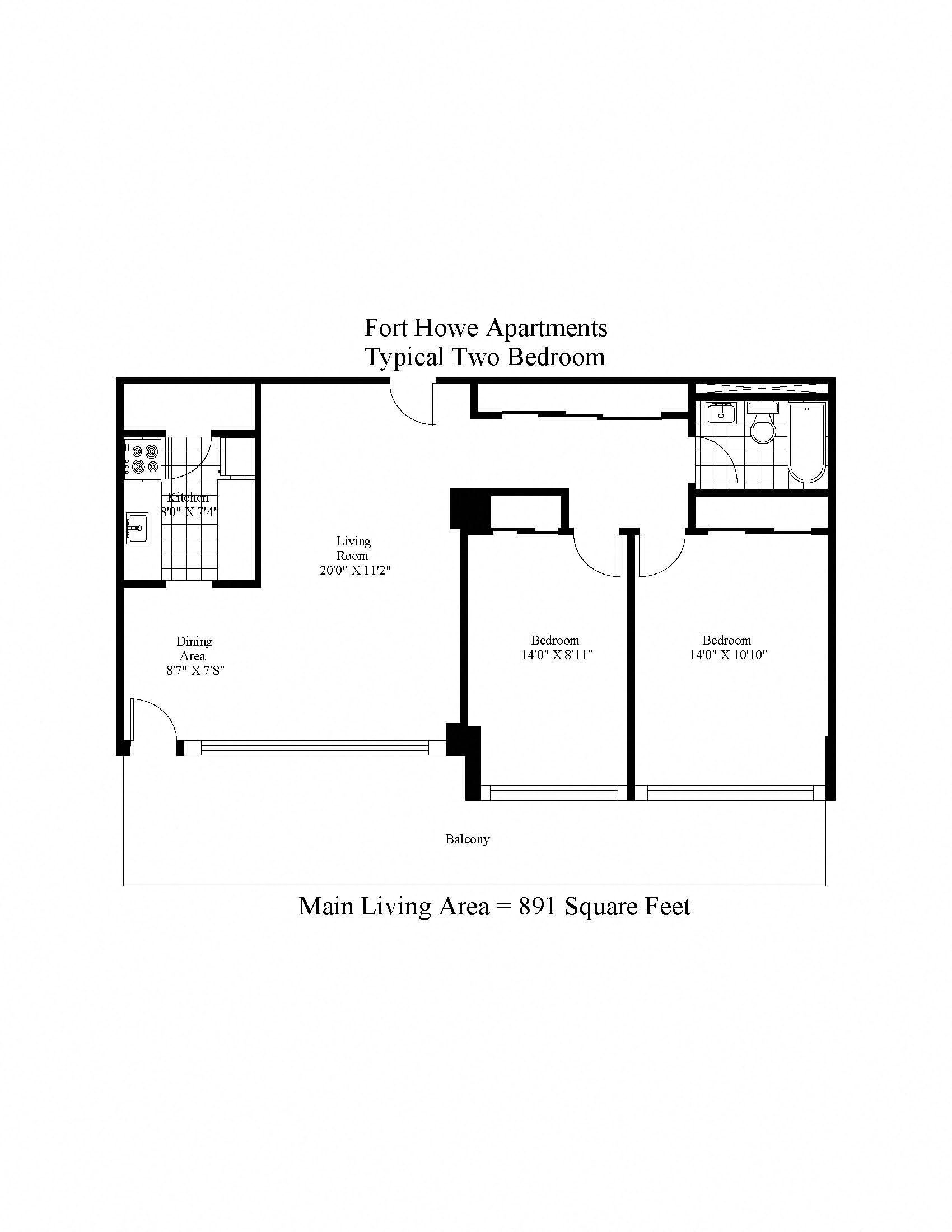 Floor plan for 2 beds, 1 bath, 891 sqft