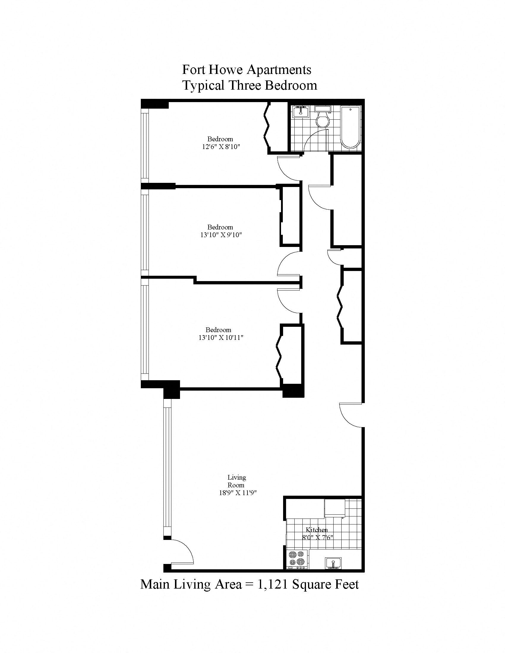 Floor plan for 3 beds, 1 bath, 1121 sqft