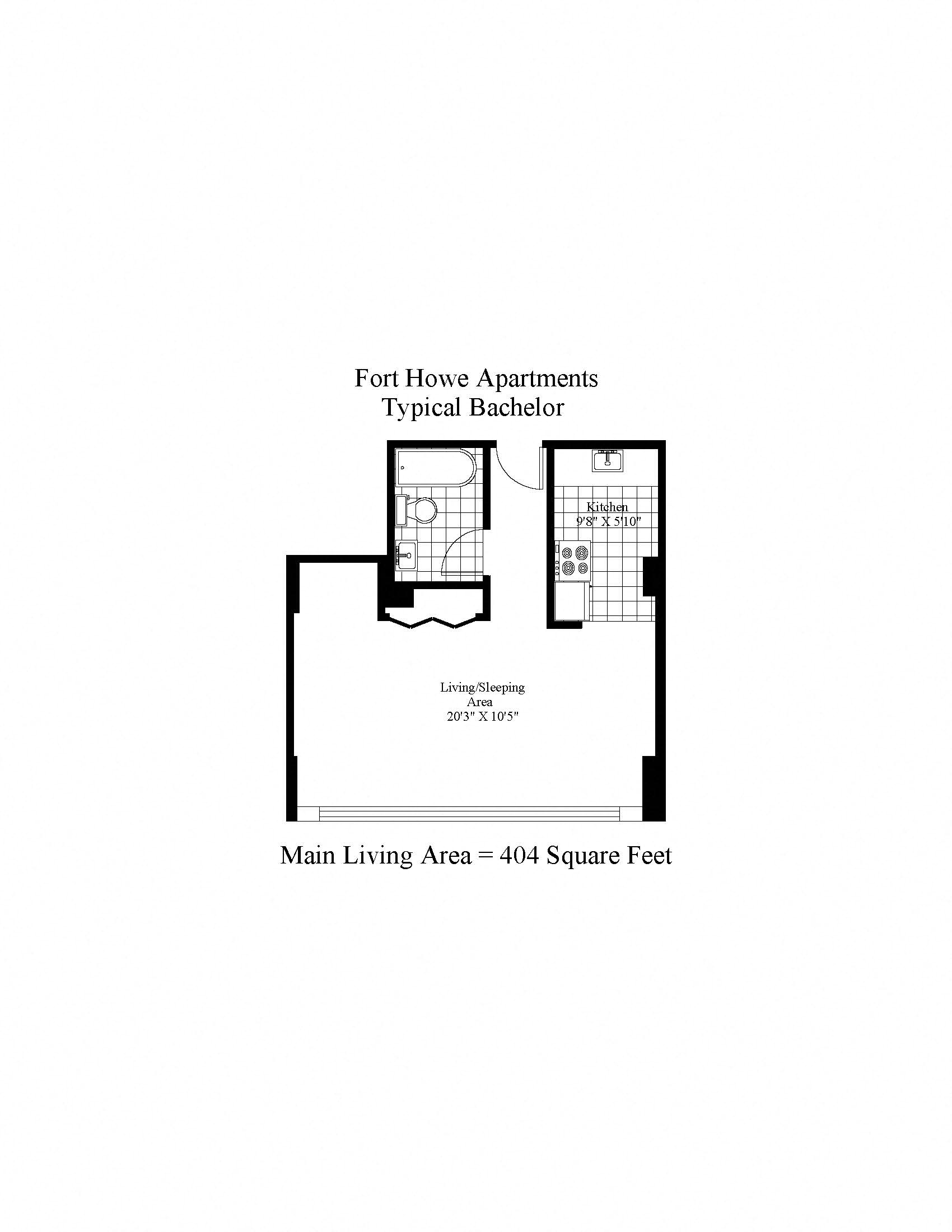Floor plan for studio, 1 bath, 404 sqft