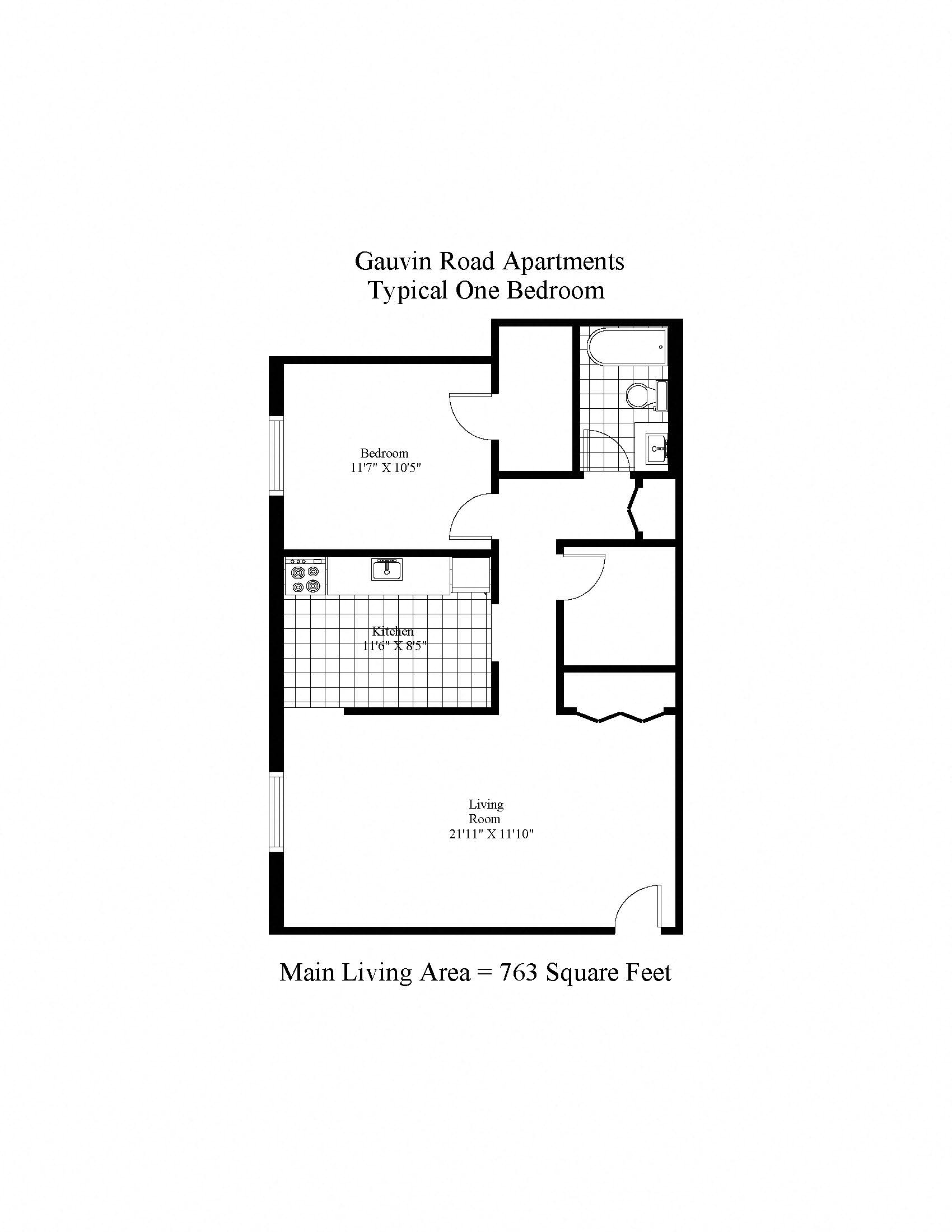 Floor plan for 1 bed, 1 bath, 763 sqft