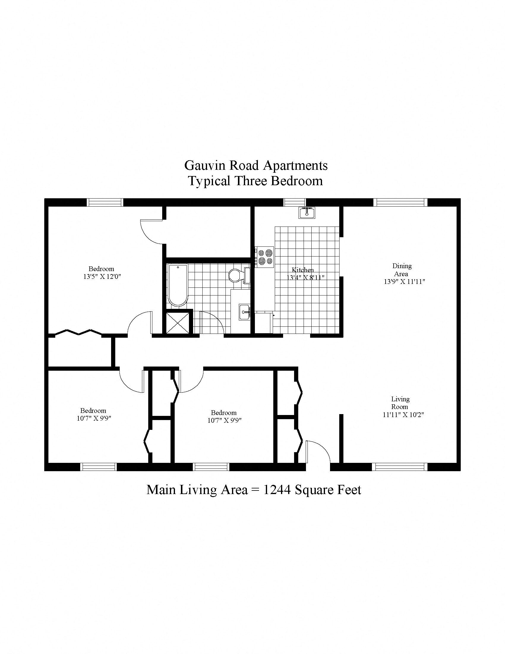Floor plan for 3 beds, 1 bath, 977 sqft