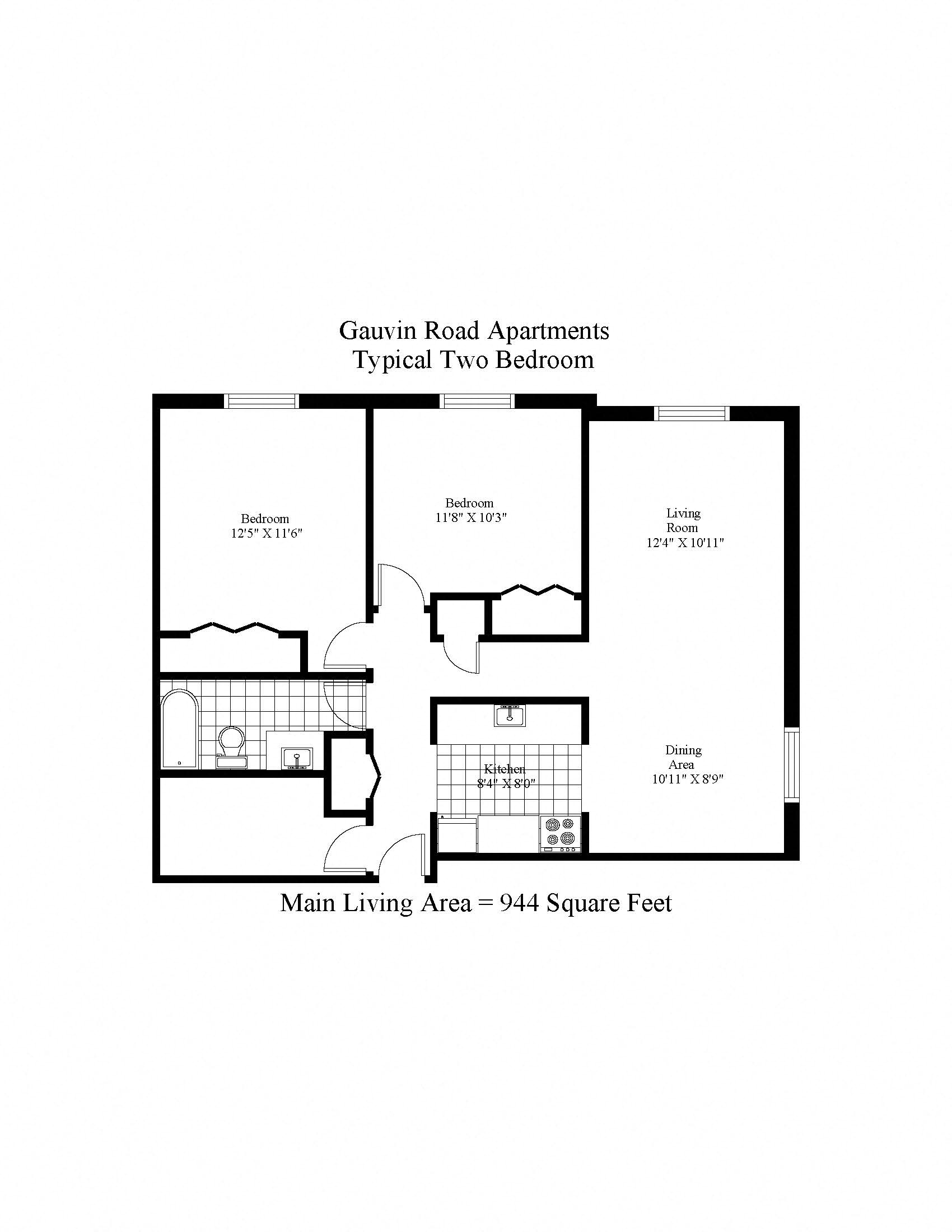 Floor plan for 2 beds, 1 bath, 927 sqft