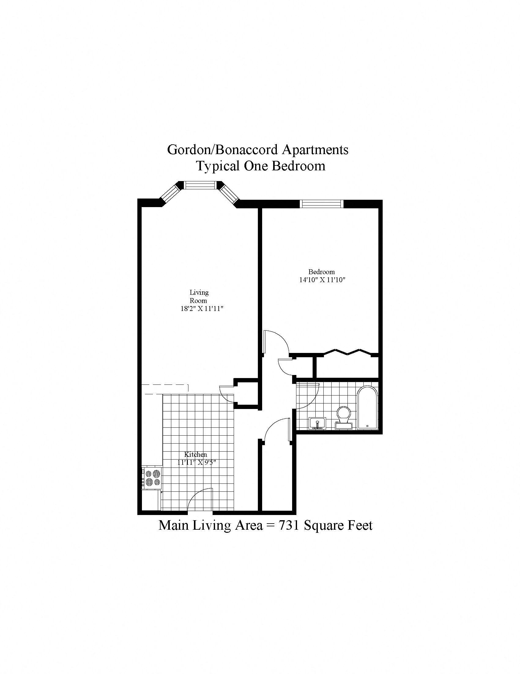 Floor plan for 1 bed, 1 bath, 731 sqft