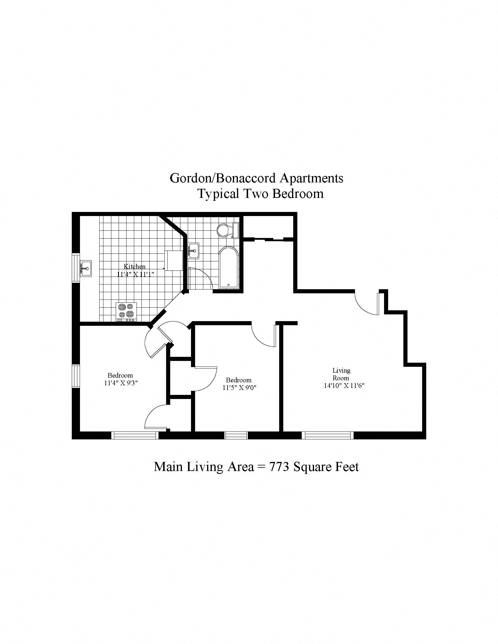 Floor plan for 2 beds, 1 bath, 877 sqft