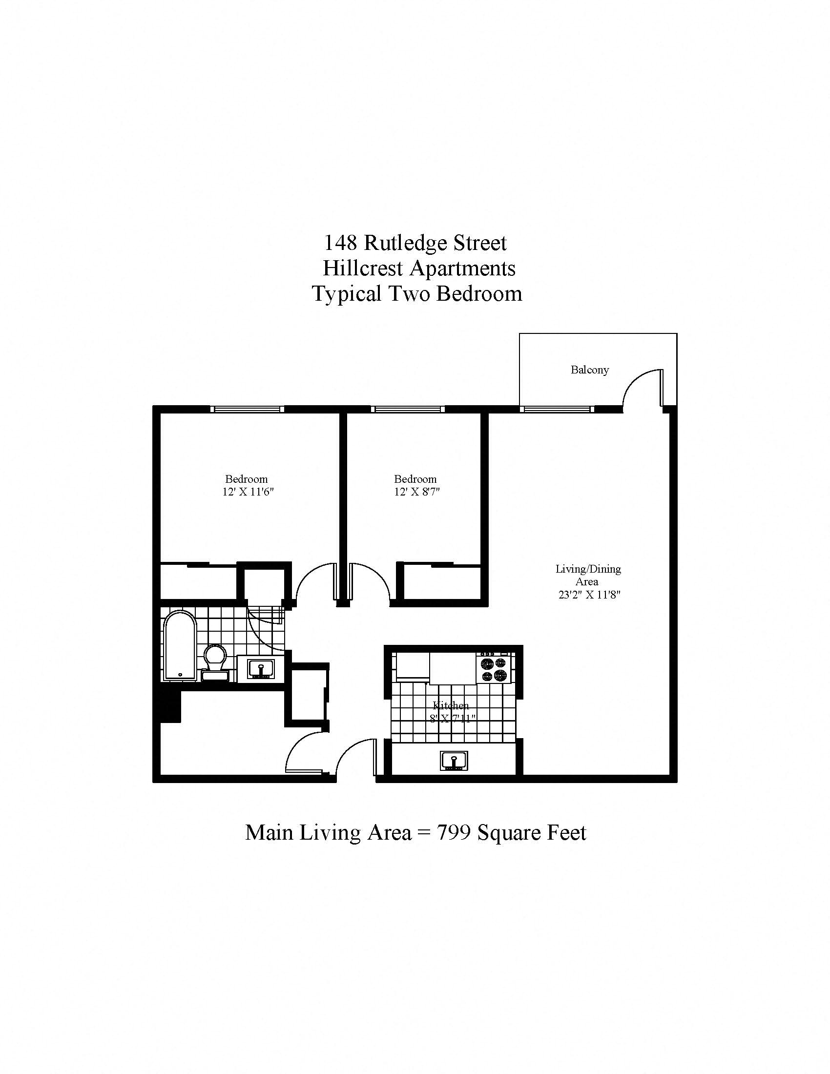 Floor plan for 2 beds, 1 bath, 800 sqft