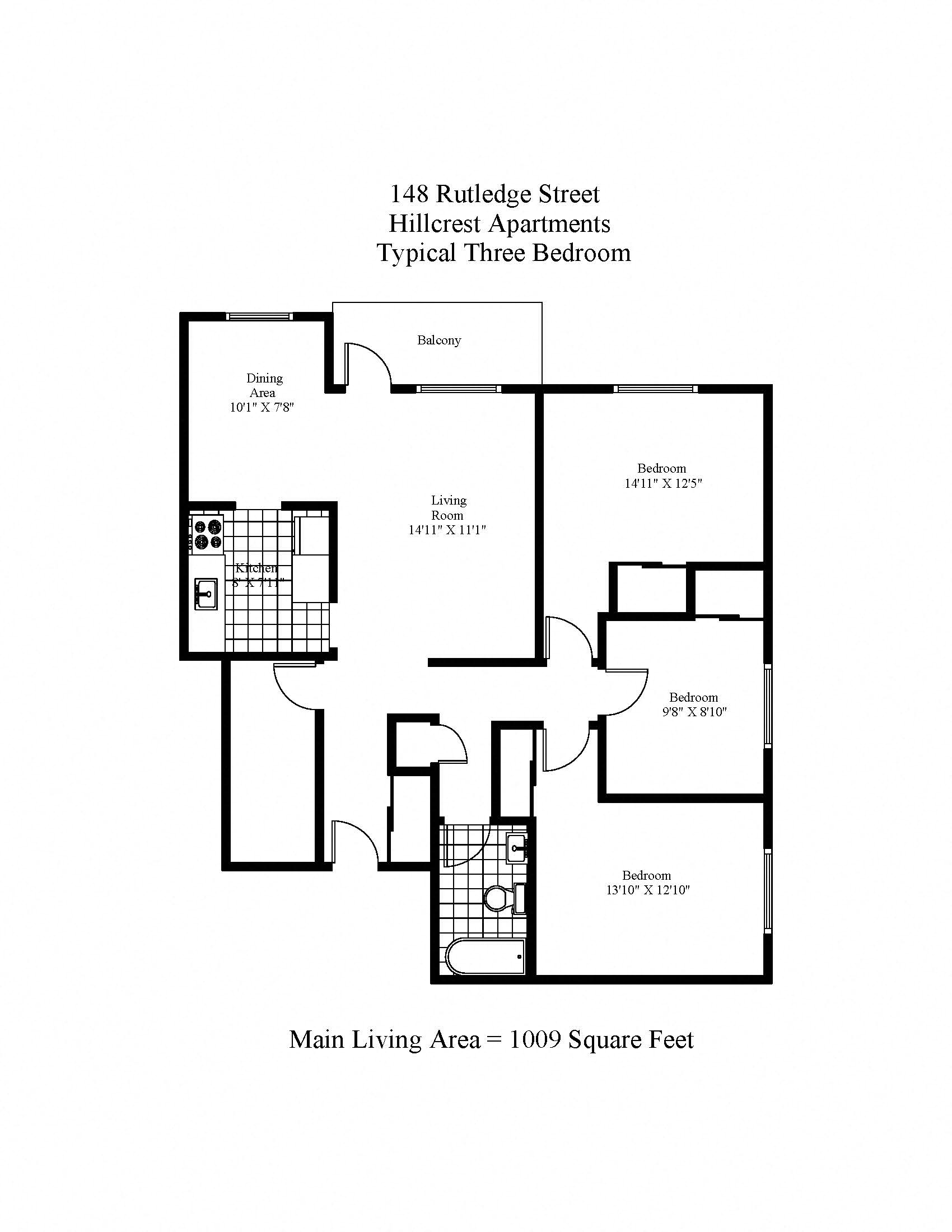 Floor plan for 3 beds, 1 bath, 1009 sqft