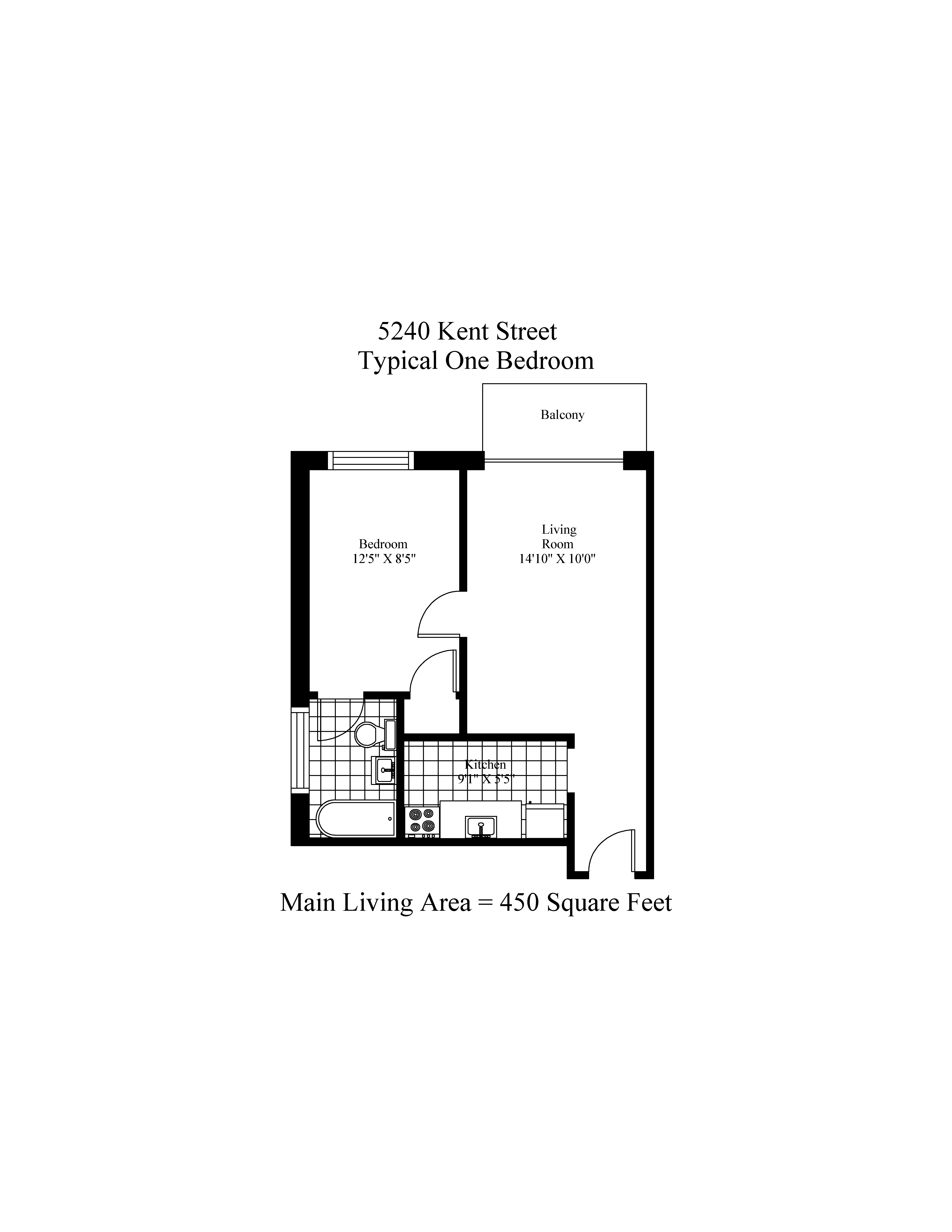Floor plan for 1 bed, 1 bath, 450 sqft