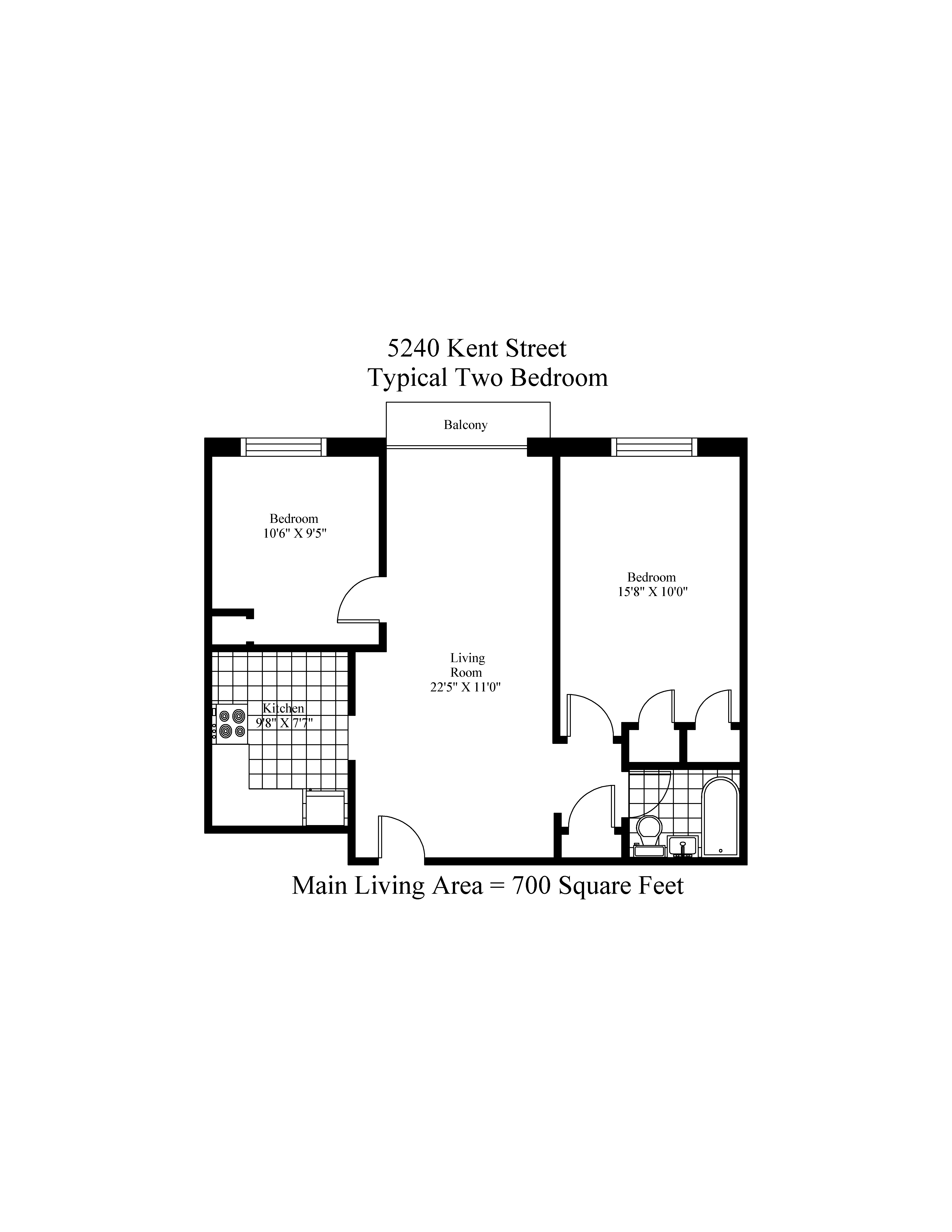 Floor plan for 2 beds, 1 bath, 758 sqft