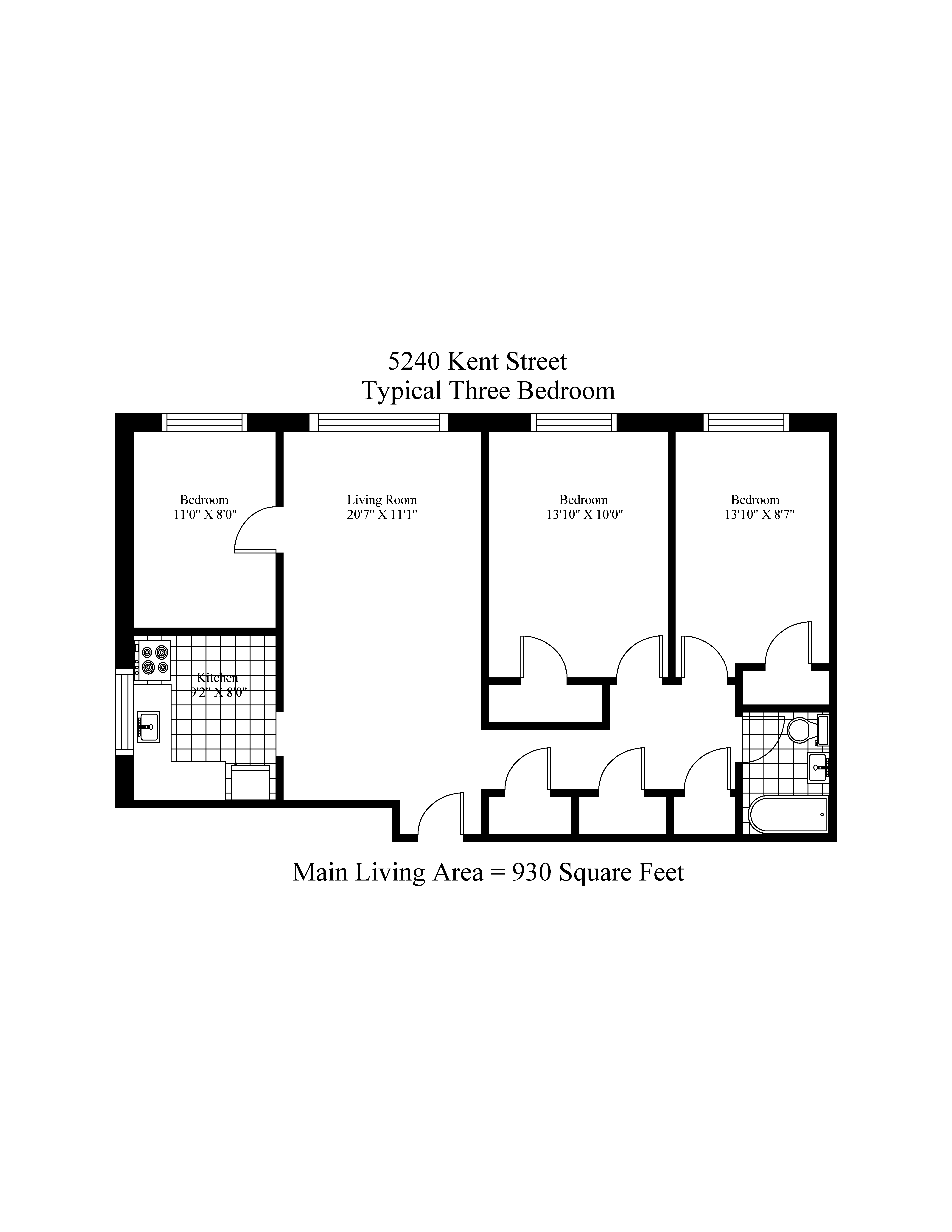 Floor plan for 3 beds, 1 bath, 925 sqft