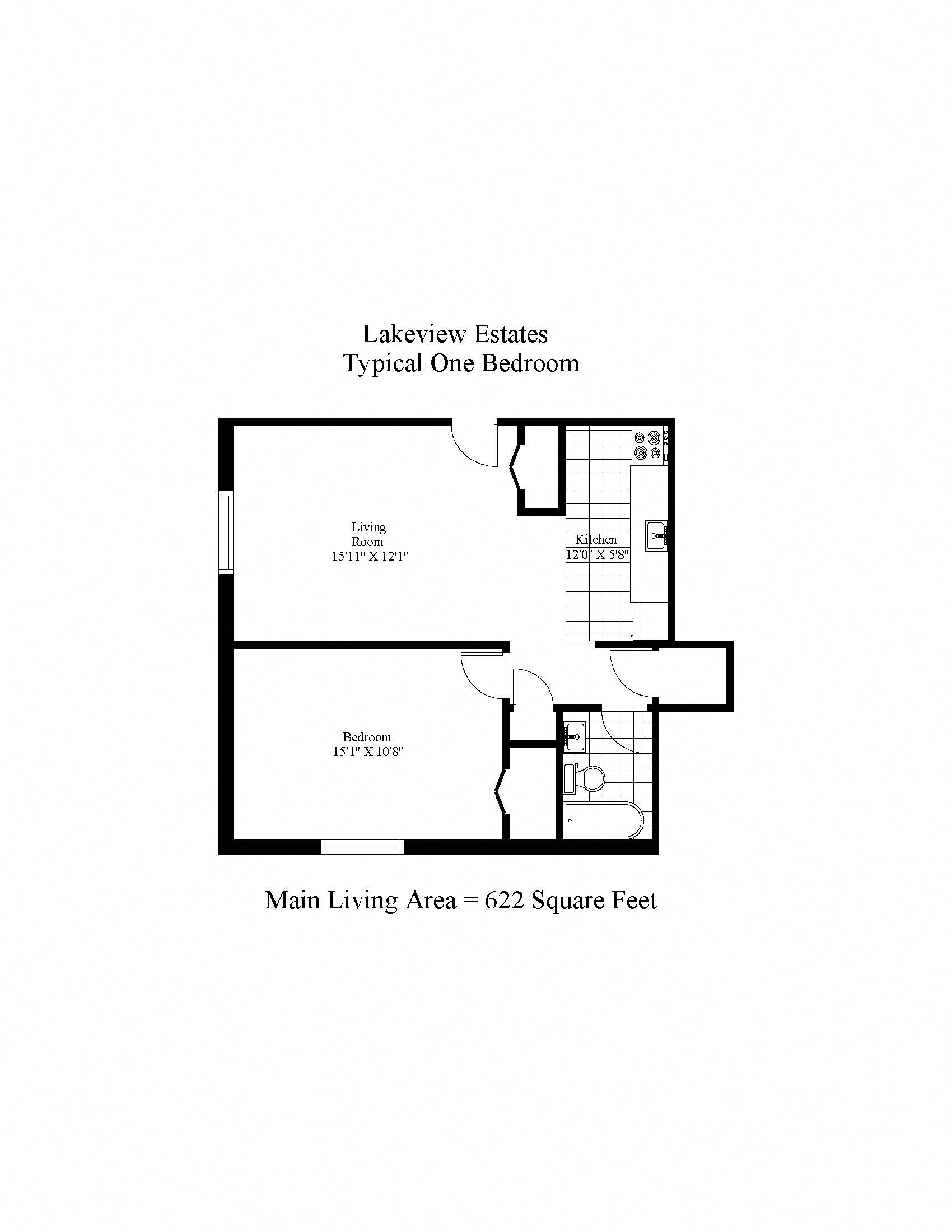 Floor plan for 1 bed, 1 bath, 622 sqft