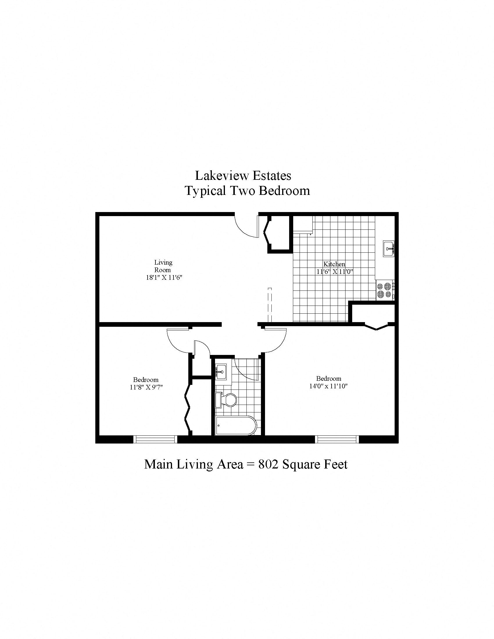 Floor plan for 2 beds, 1 bath, 802 sqft