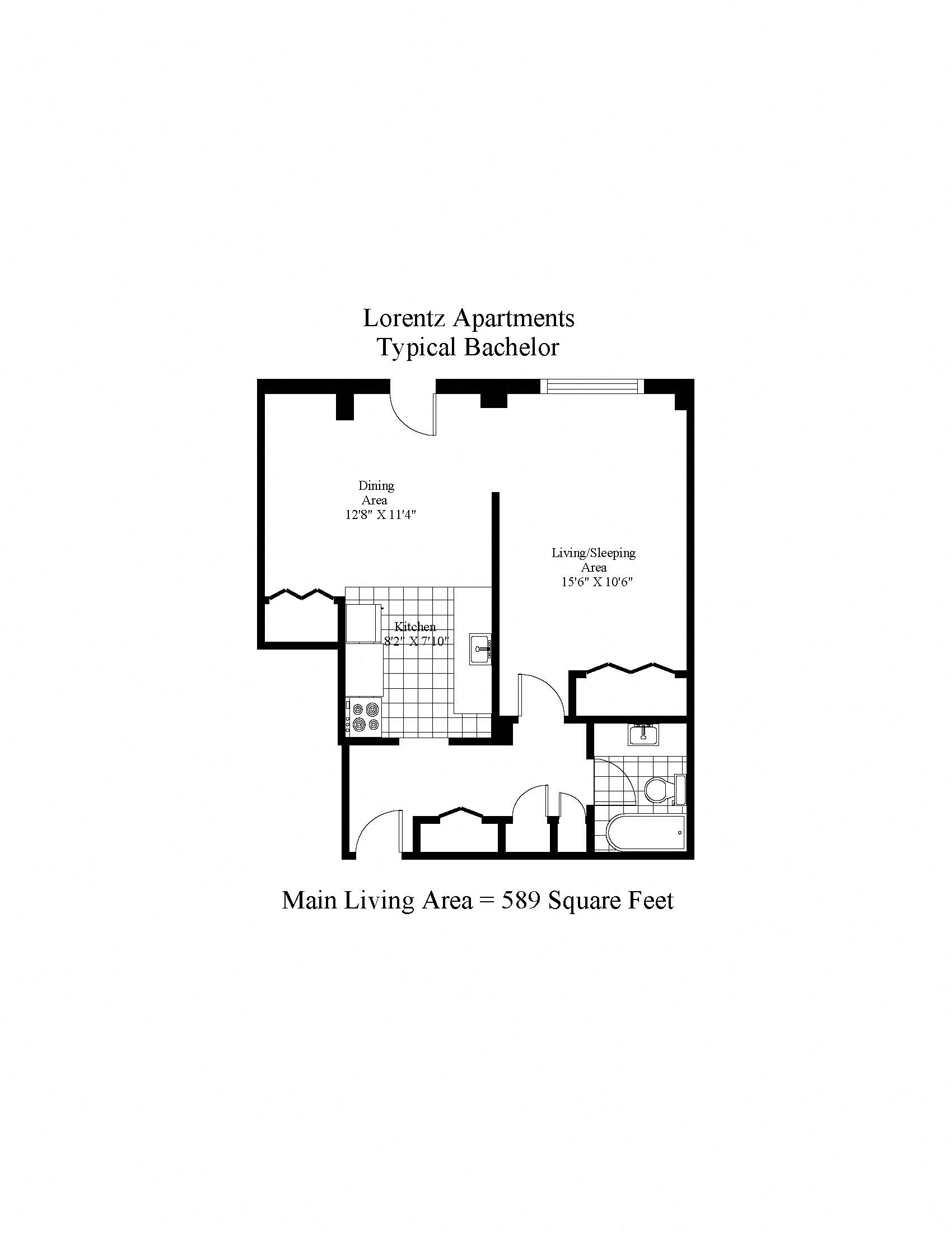 Floor plan for studio, 1 bath, 589 sqft