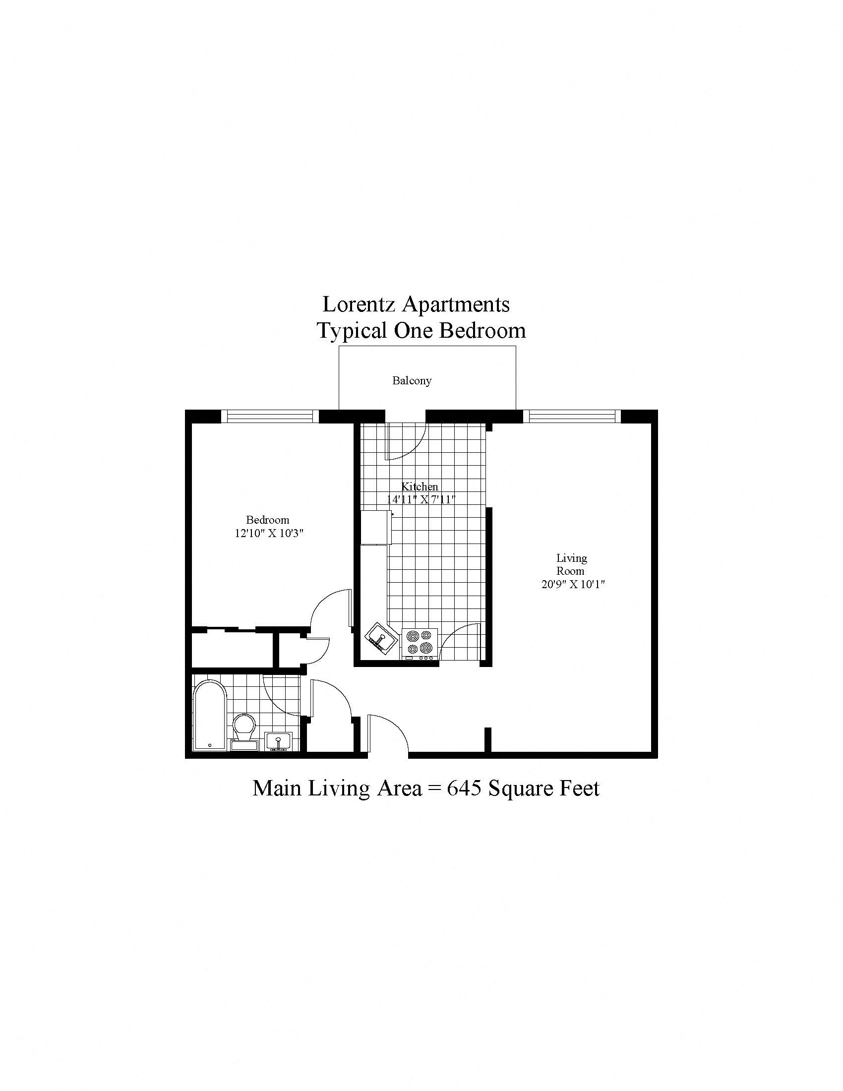 Floor plan for 1 bed, 1 bath, 656 sqft