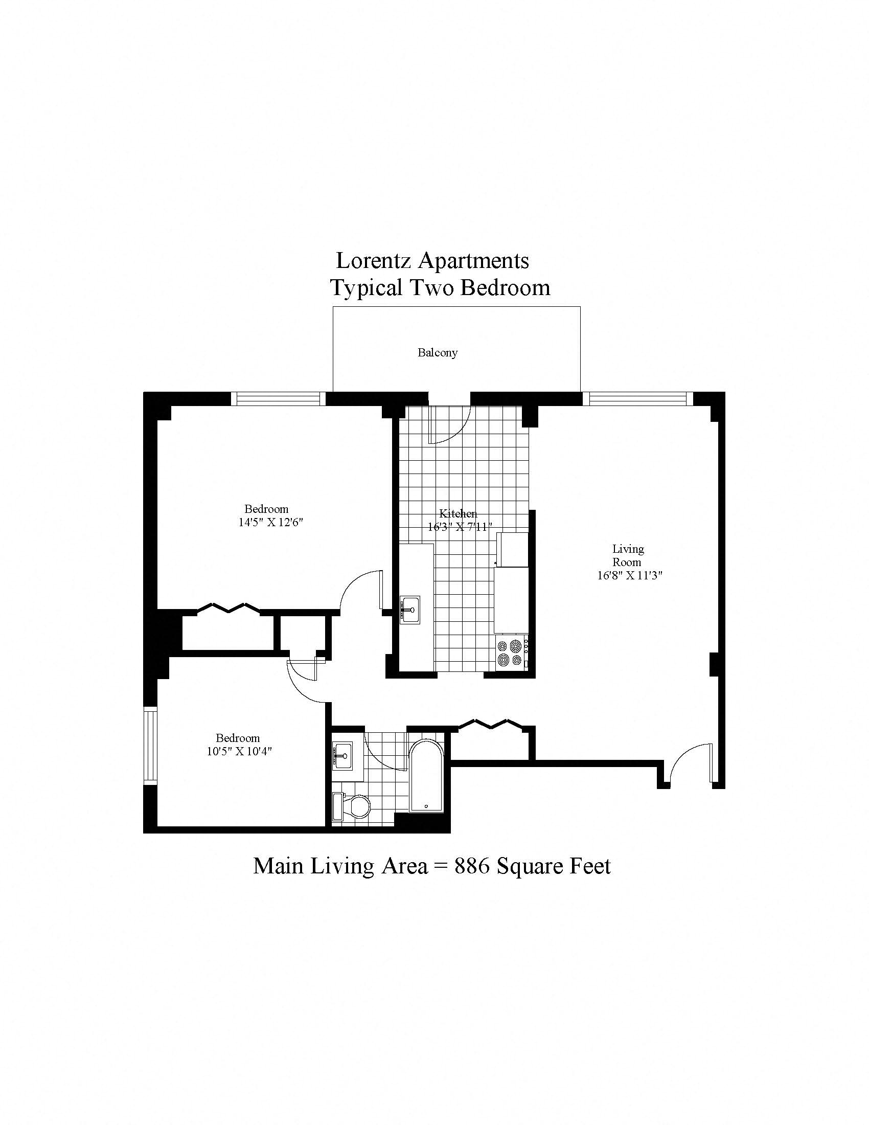 Floor plan for 2 beds, 1 bath, 959 sqft