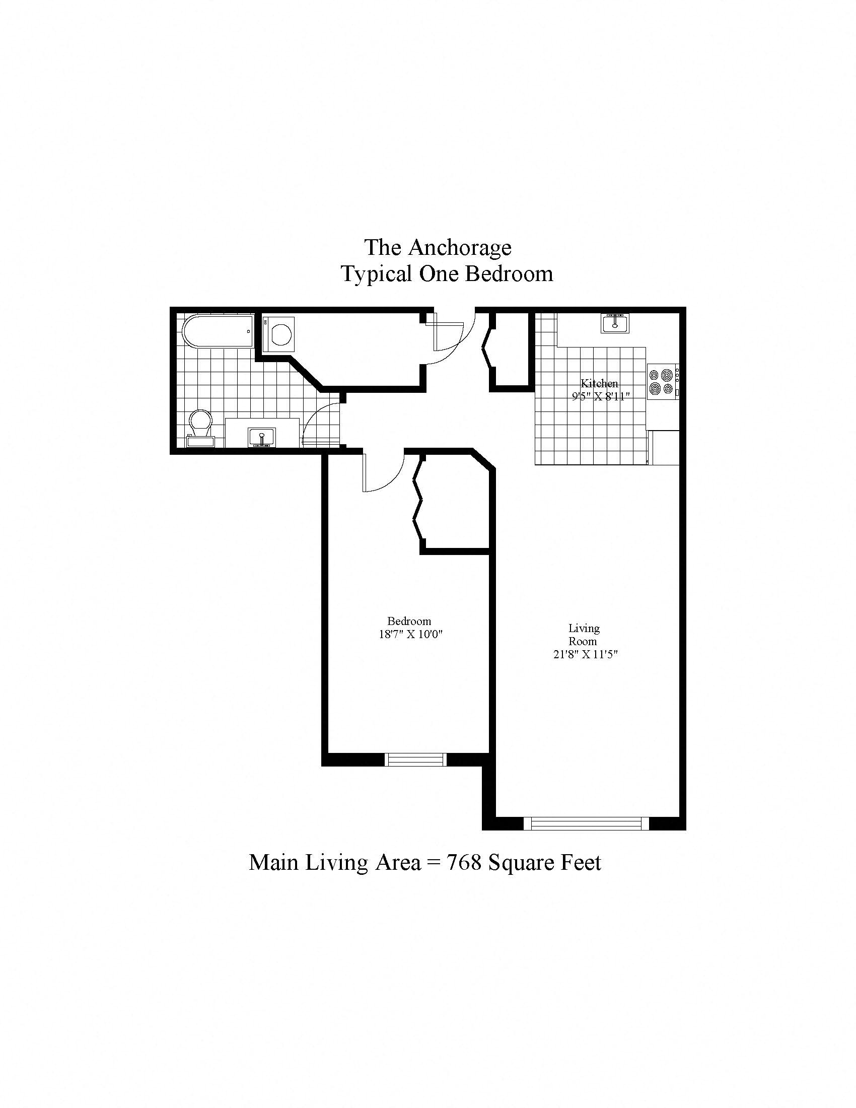 Floor plan for 1 bed, 1 bath, 733 sqft