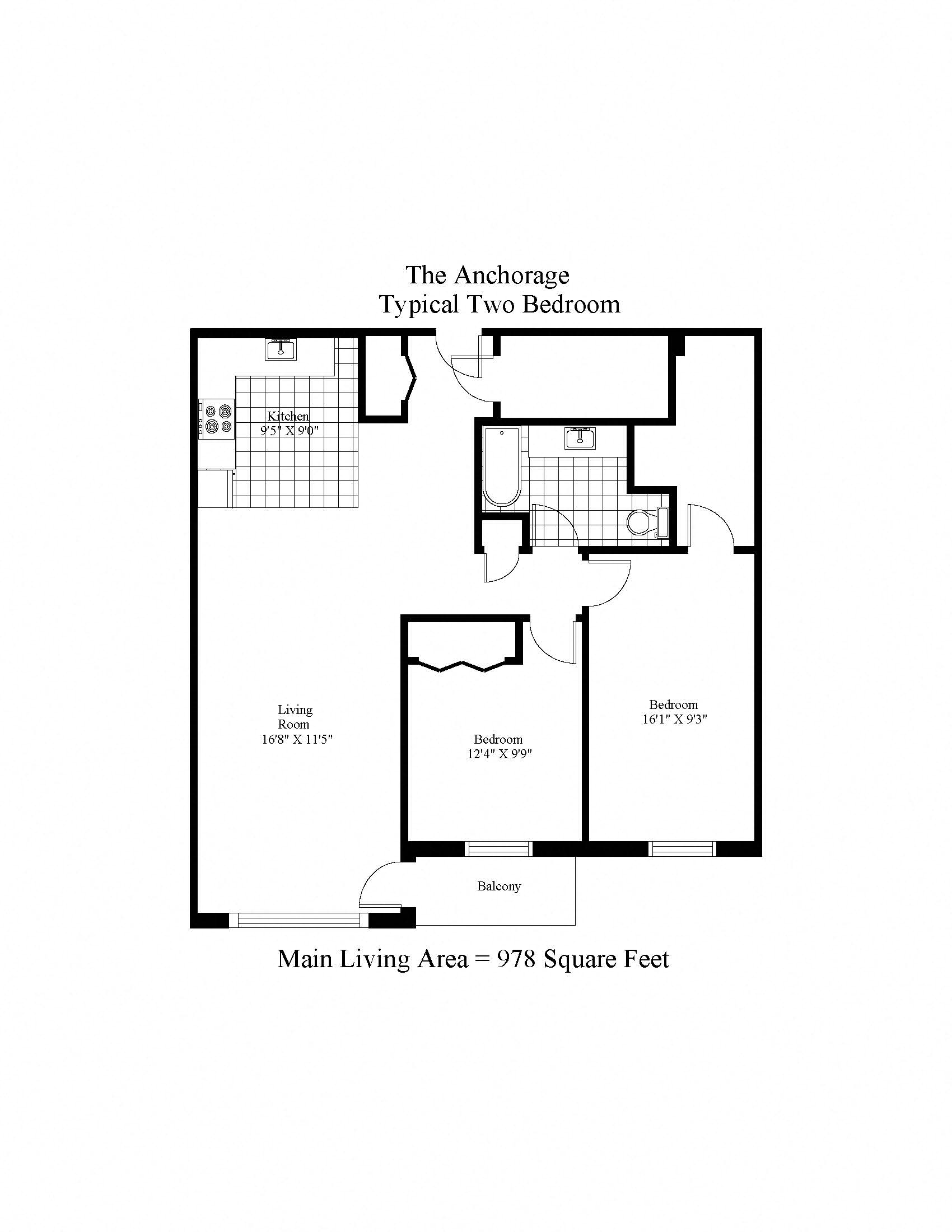 Floor plan for 2 beds, 1 bath, 978 sqft