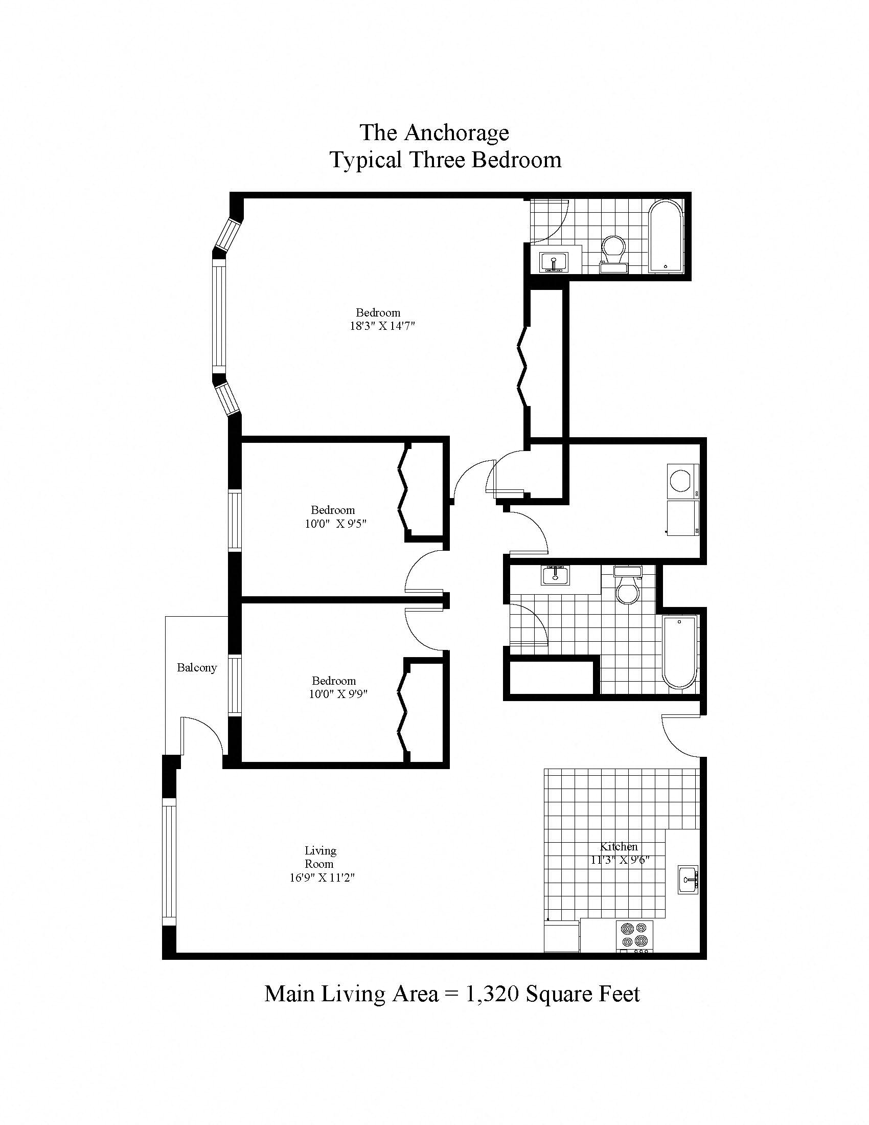 Floor plan for 3 beds, 2 baths, 1320 sqft