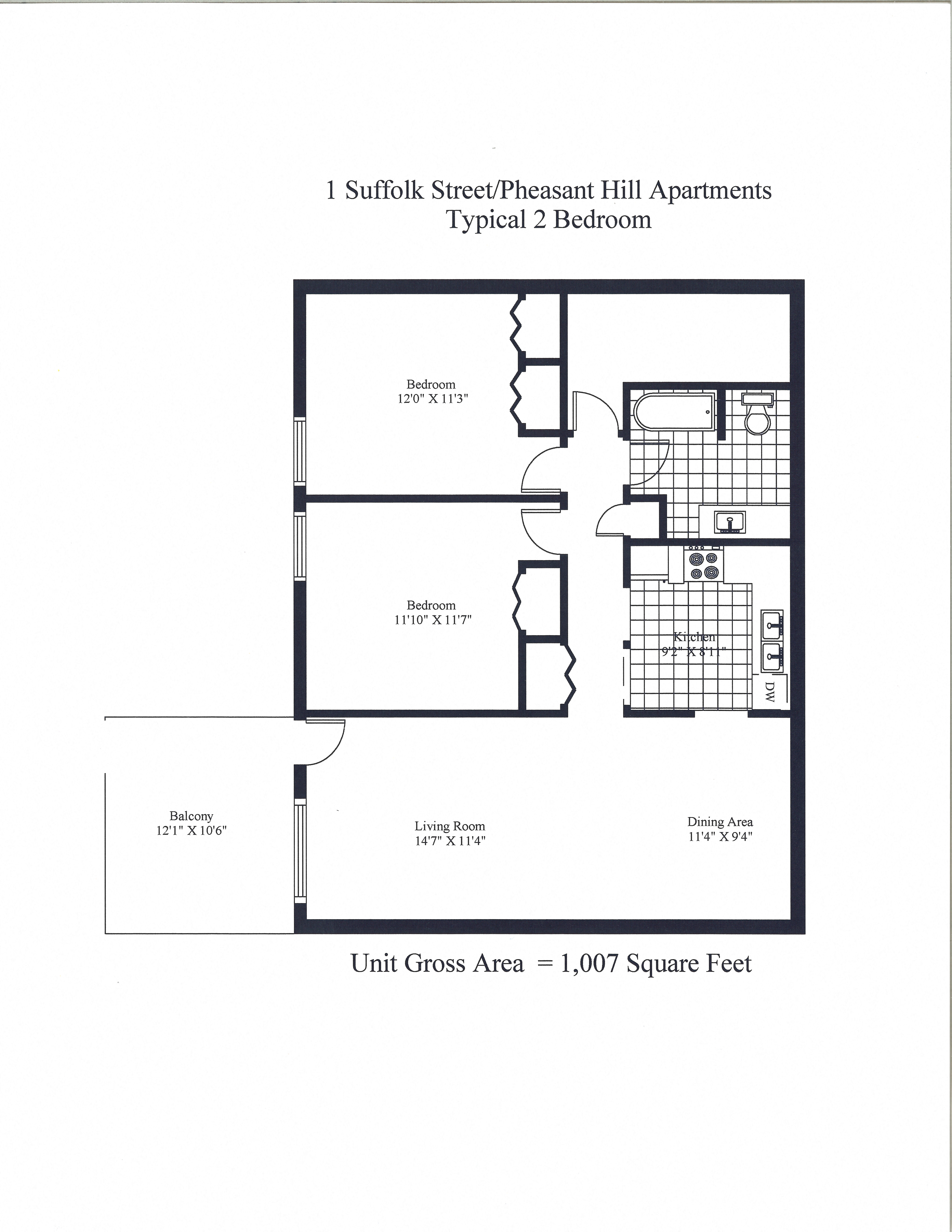 Floor plan for 2 beds, 1 bath, 1000 sqft