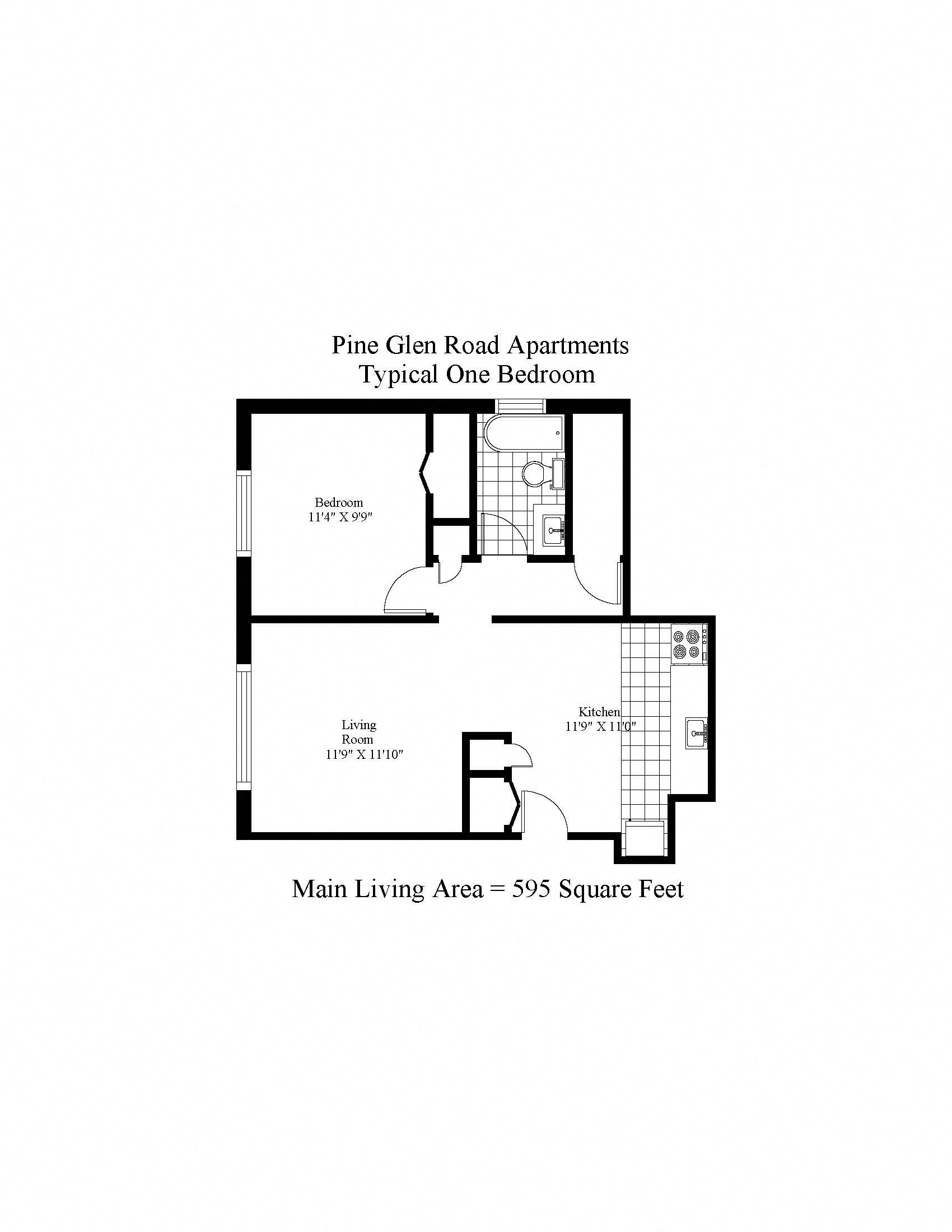 Floor plan for 1 bed, 1 bath, 595 sqft