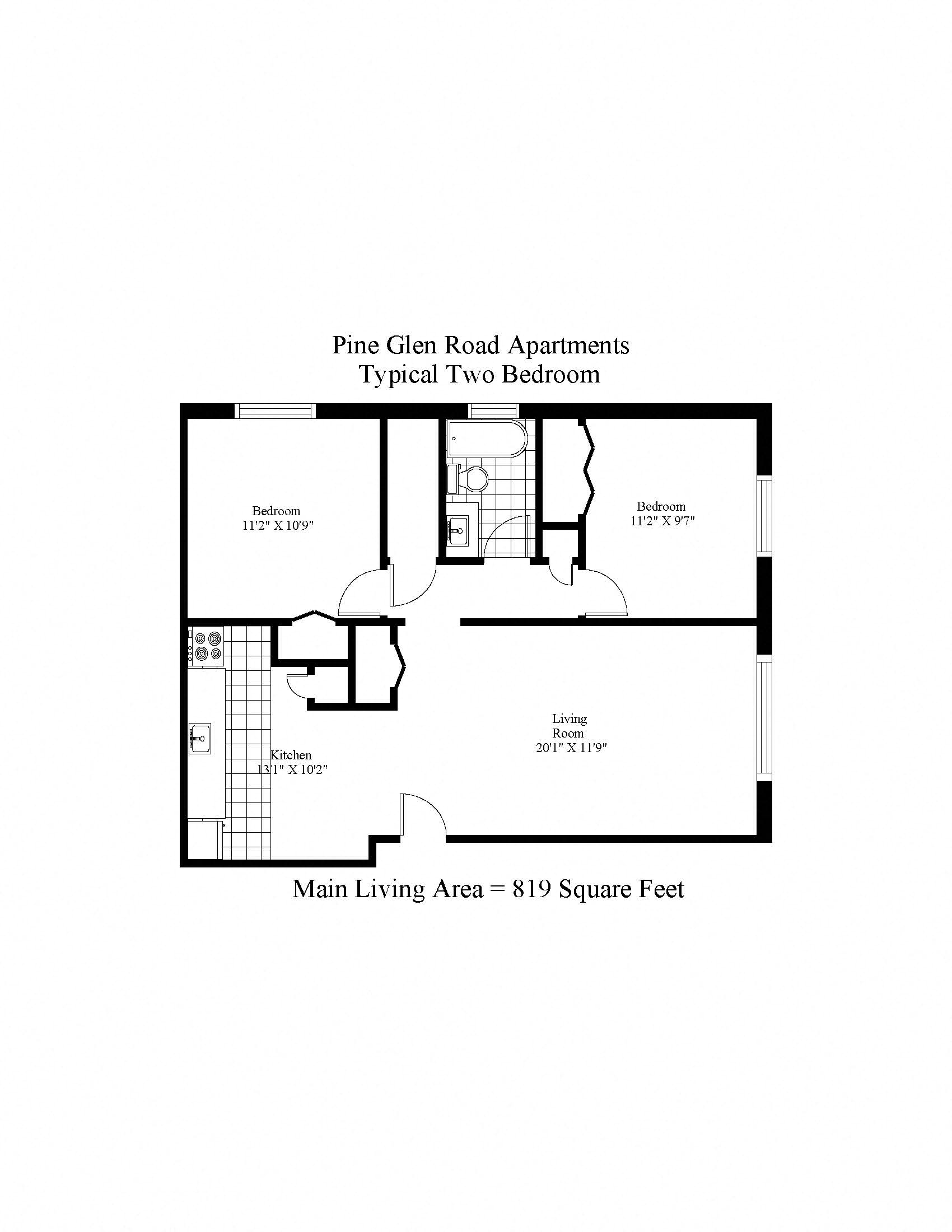 Floor plan for 2 beds, 1 bath, 819 sqft
