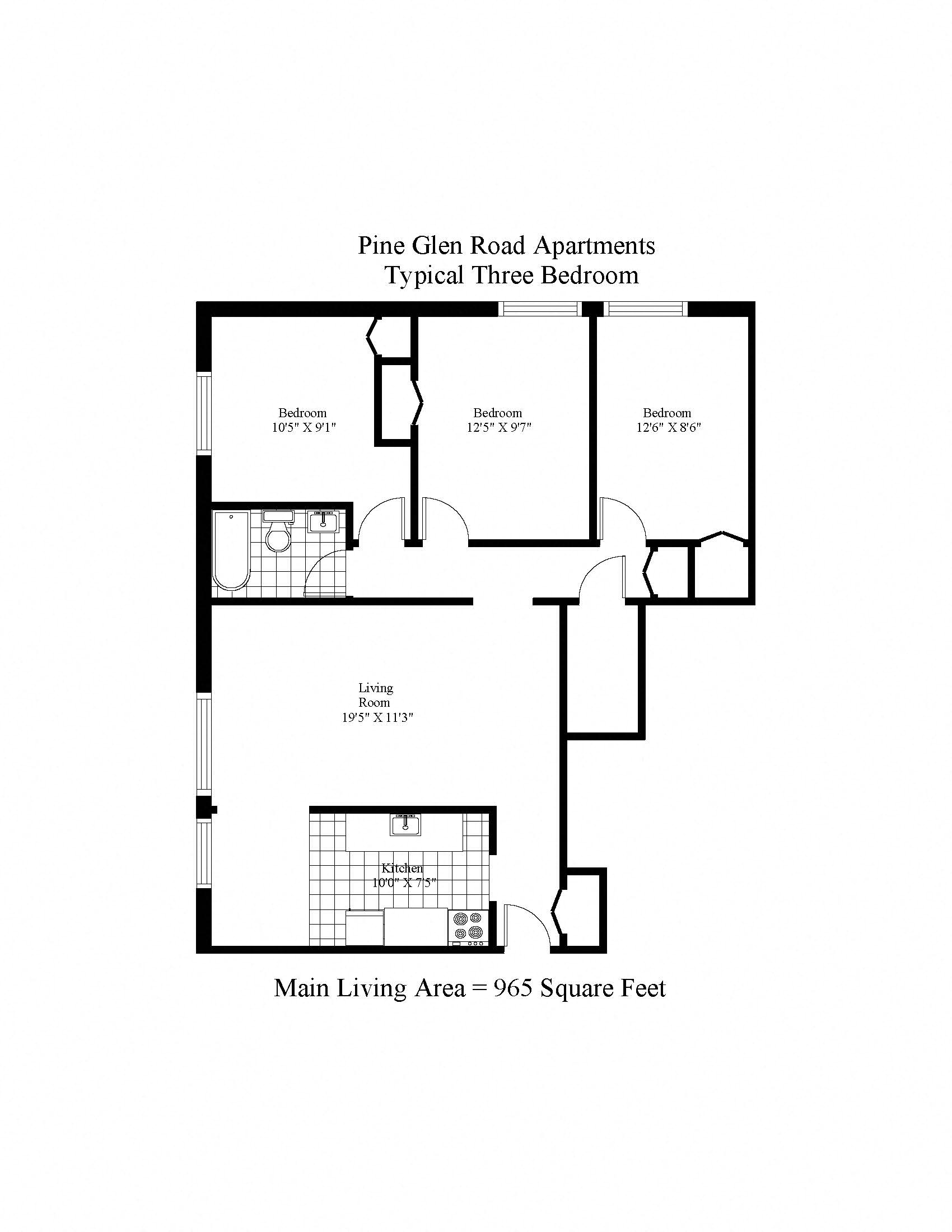 Floor plan for 3 beds, 1 bath, 965 sqft