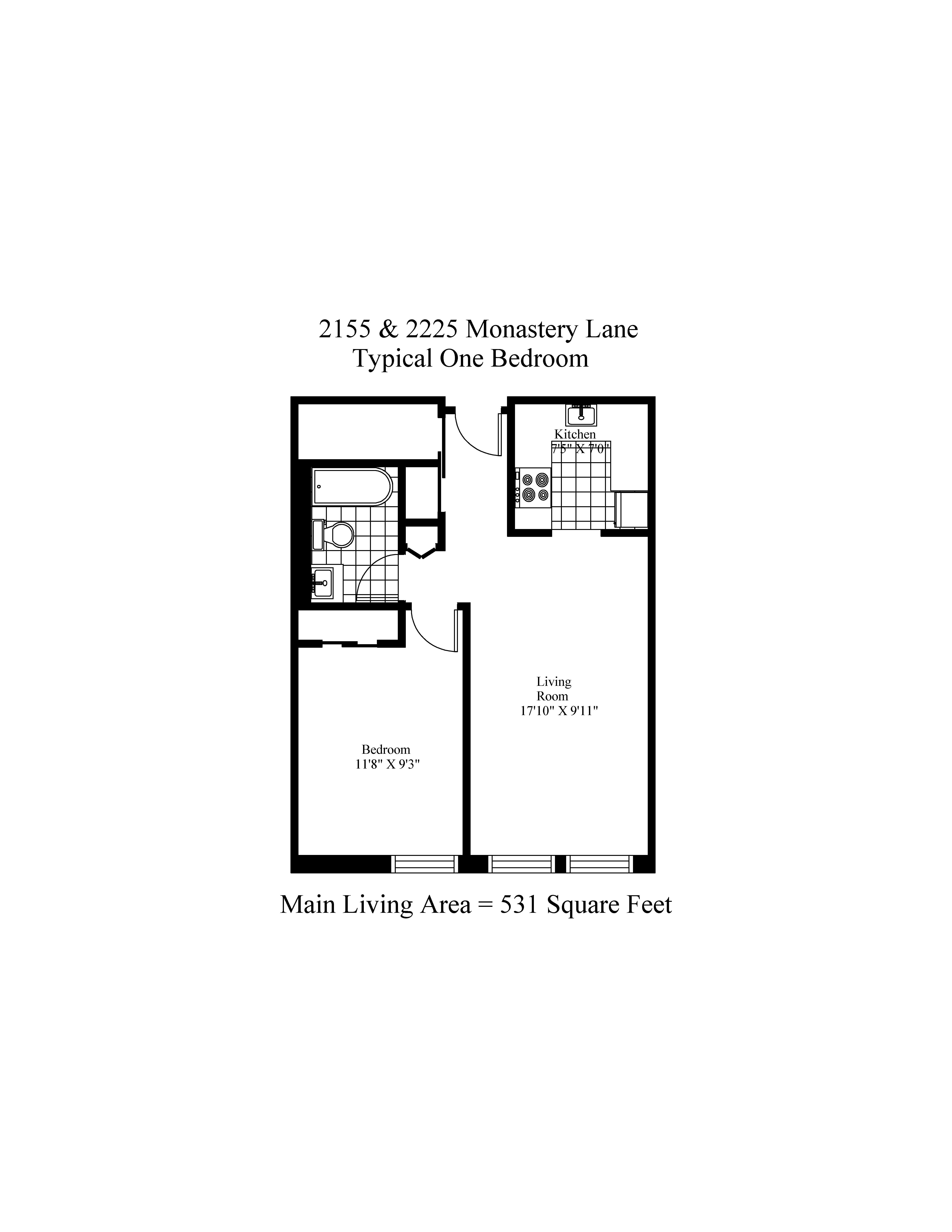 Floor plan for 1 bed, 1 bath, 531 sqft