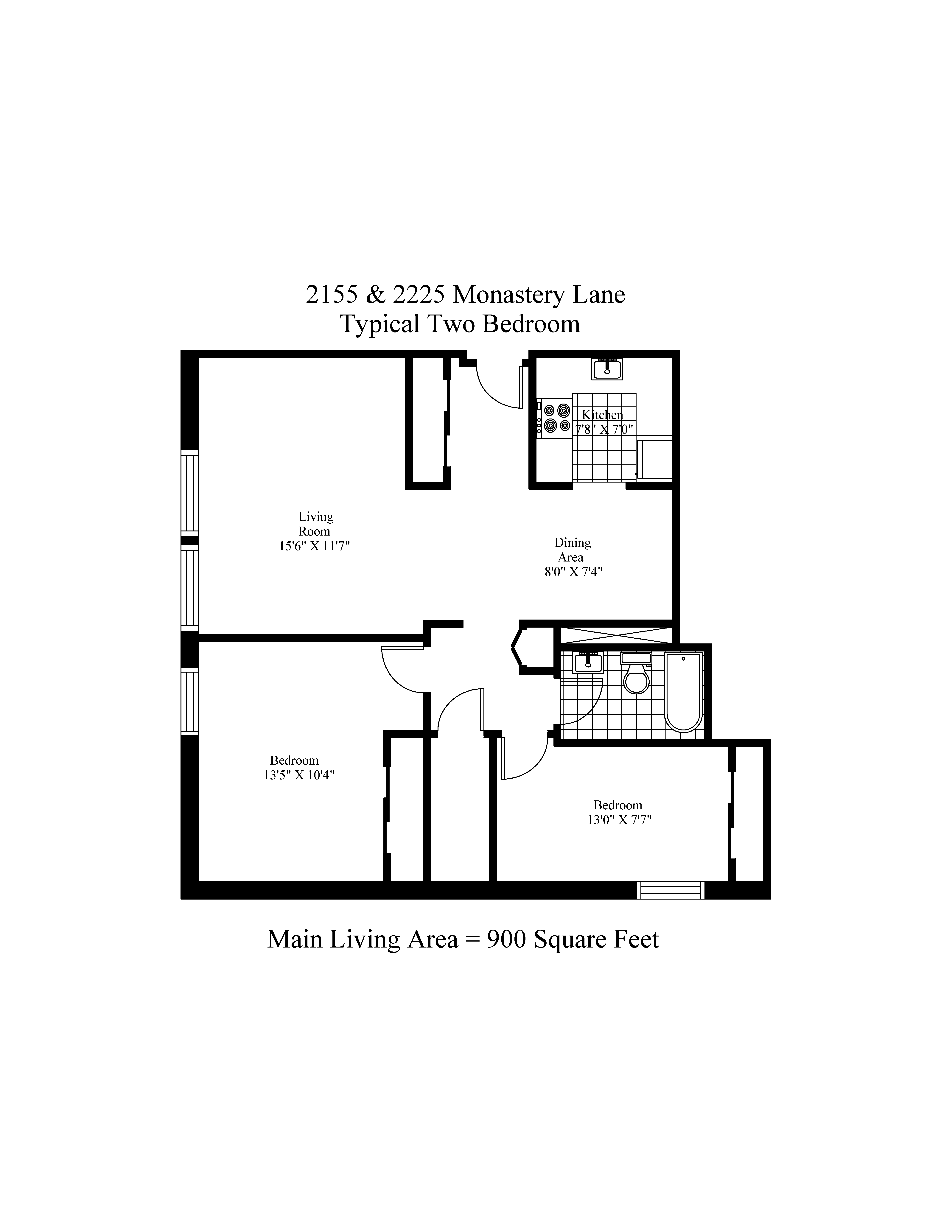 Floor plan for 2 beds, 1 bath, 766 sqft