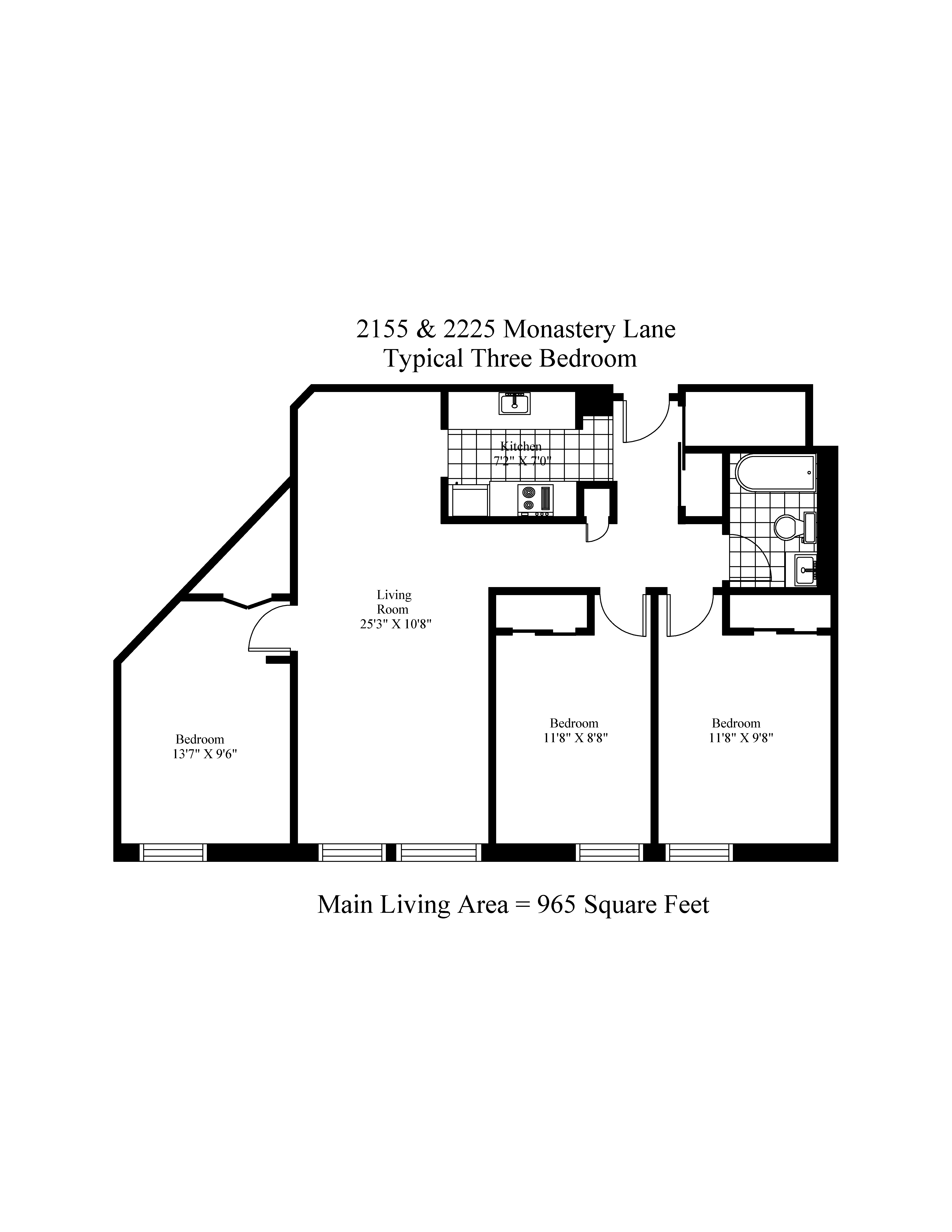 Floor plan for 3 beds, 1 bath, 965 sqft