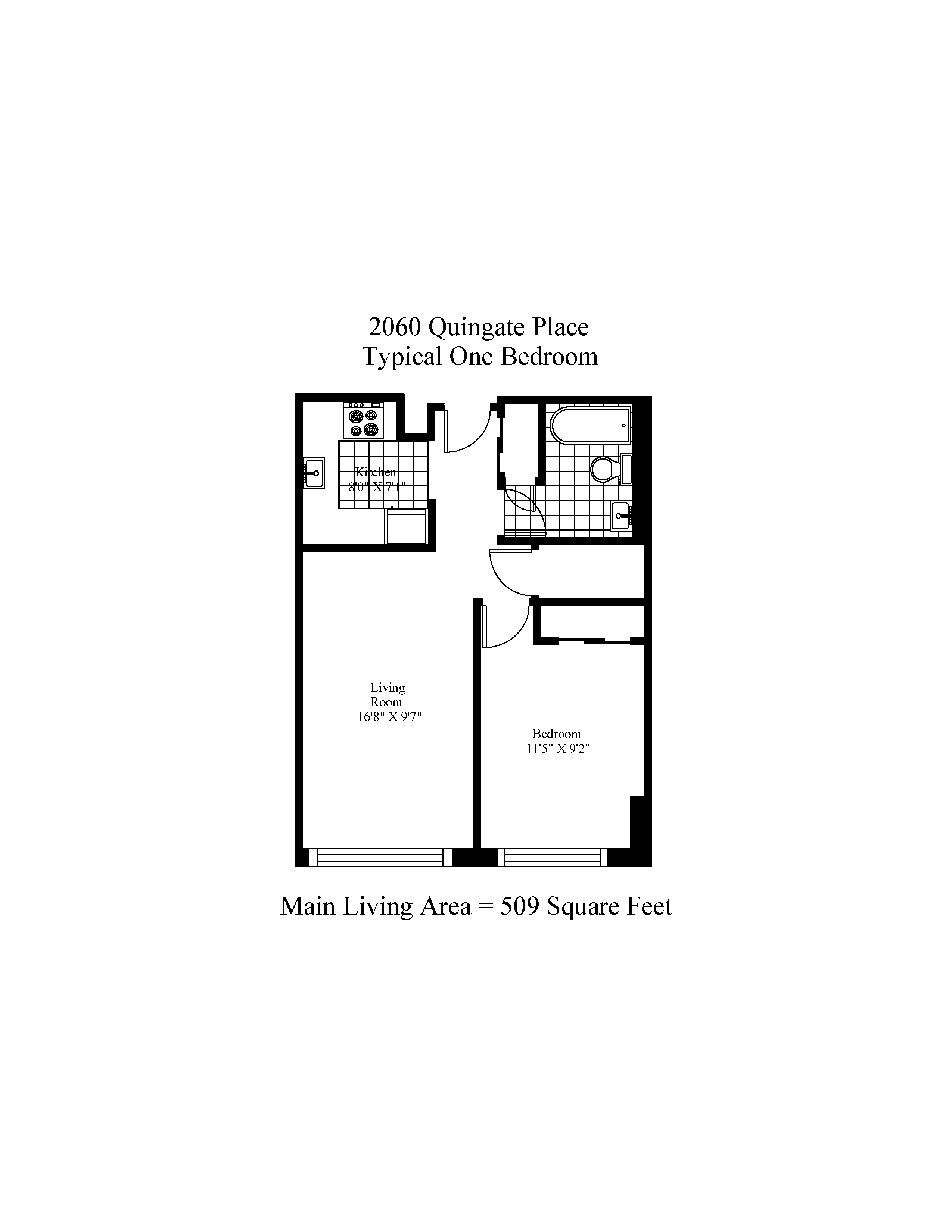 Floor plan for 1 bed, 1 bath, 575 sqft