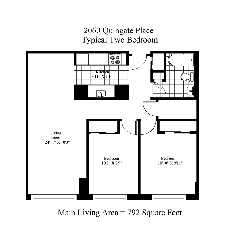 Floor plan for 2 beds, 1 bath, 792 sqft
