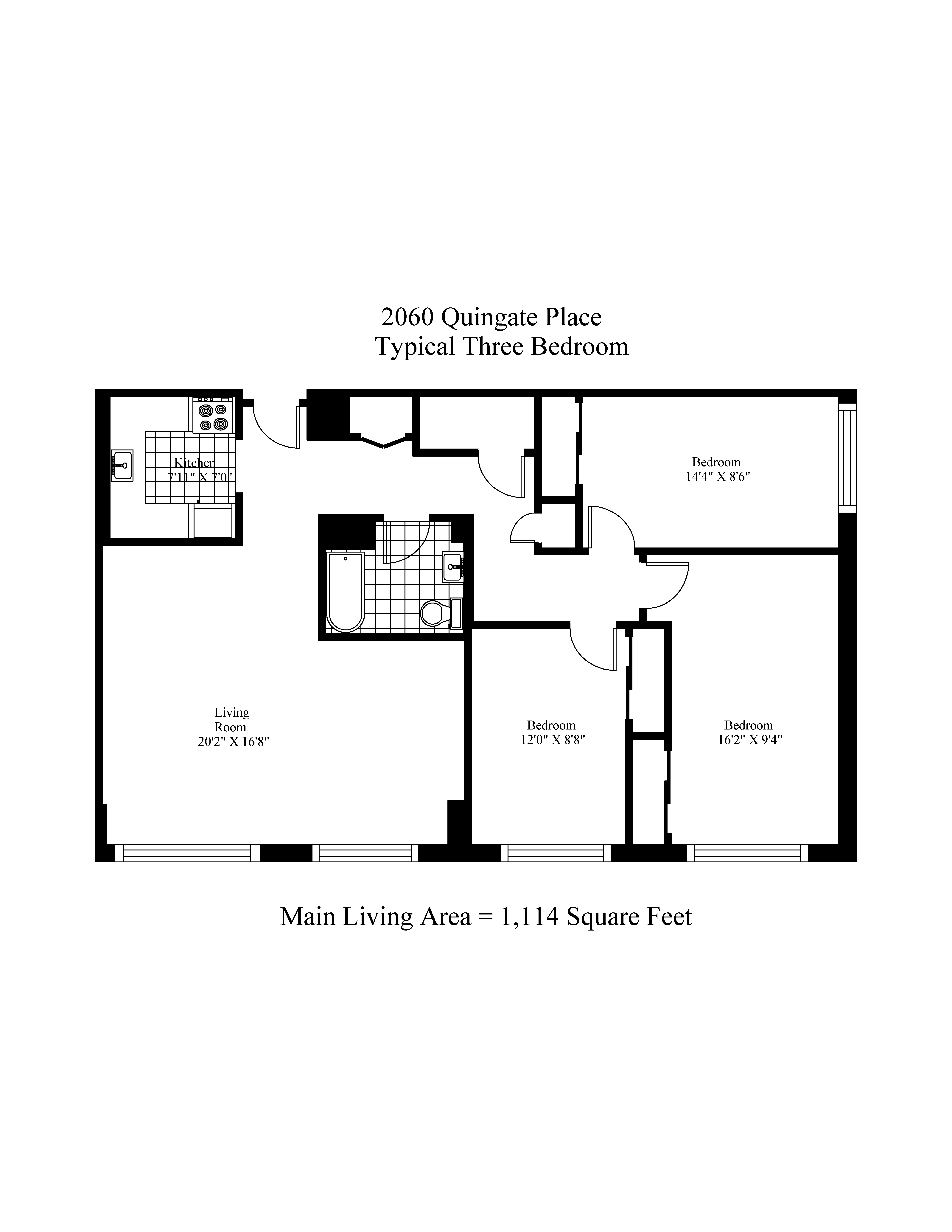 Floor plan for 3 beds, 1 bath, 1100 sqft