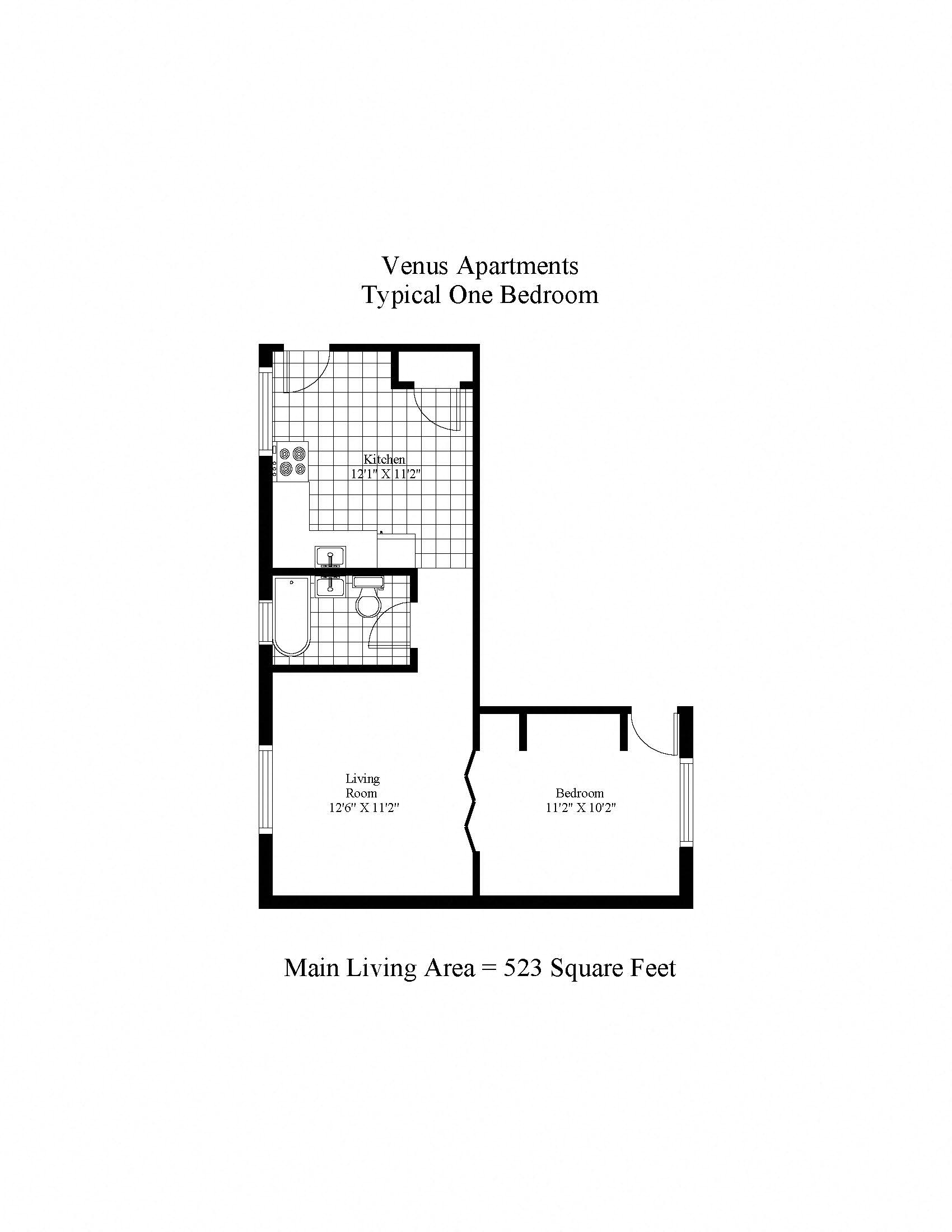 Floor plan for 1 bed, 1 bath, 523 sqft