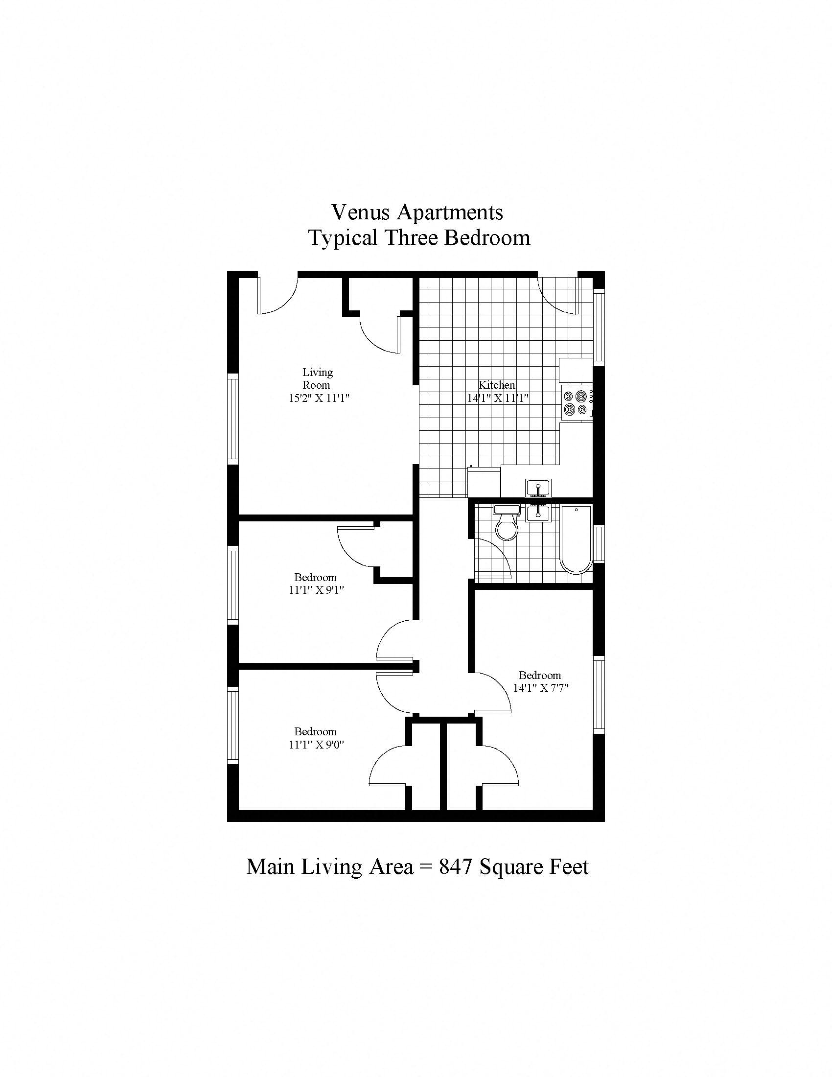 Floor plan for 3 beds, 1 bath, 874 sqft