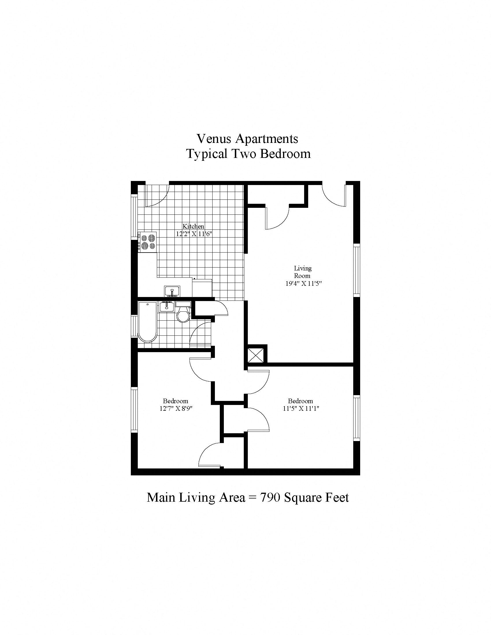 Floor plan for 2 beds, 1 bath, 790 sqft