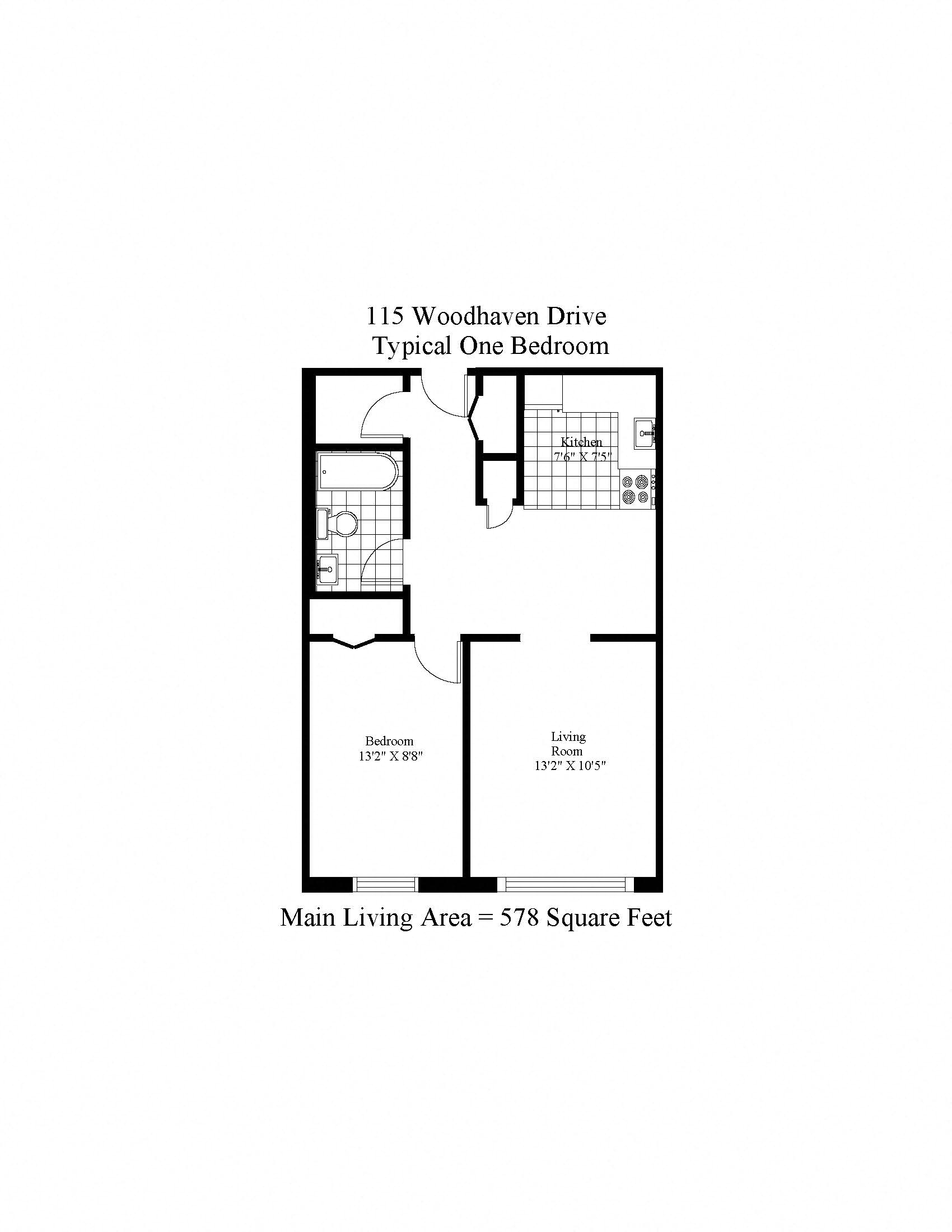 Floor plan for 1 bed, 1 bath, 578 sqft