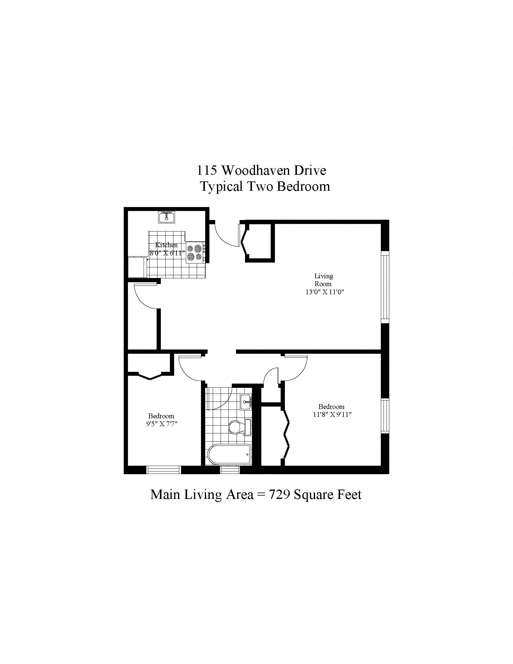 Floor plan for 2 beds, 1 bath, 729 sqft