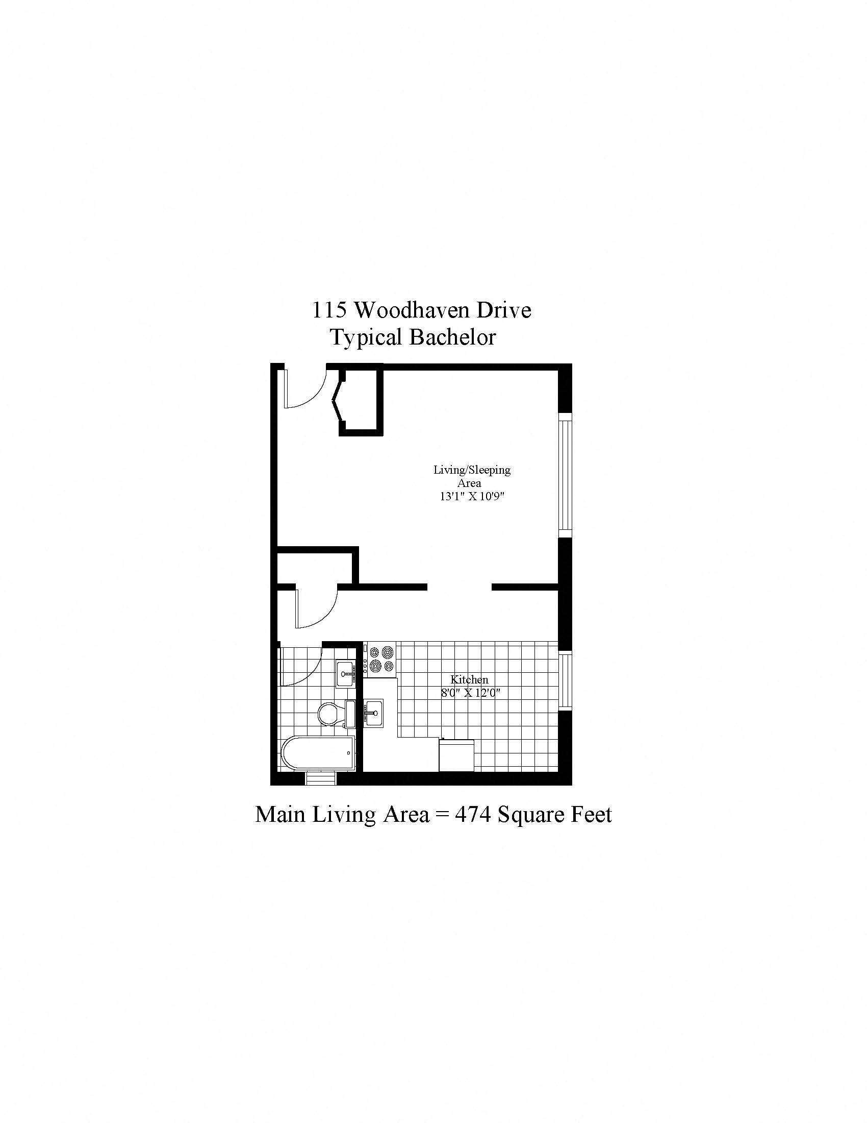 Floor plan for studio, 1 bath, 474 sqft