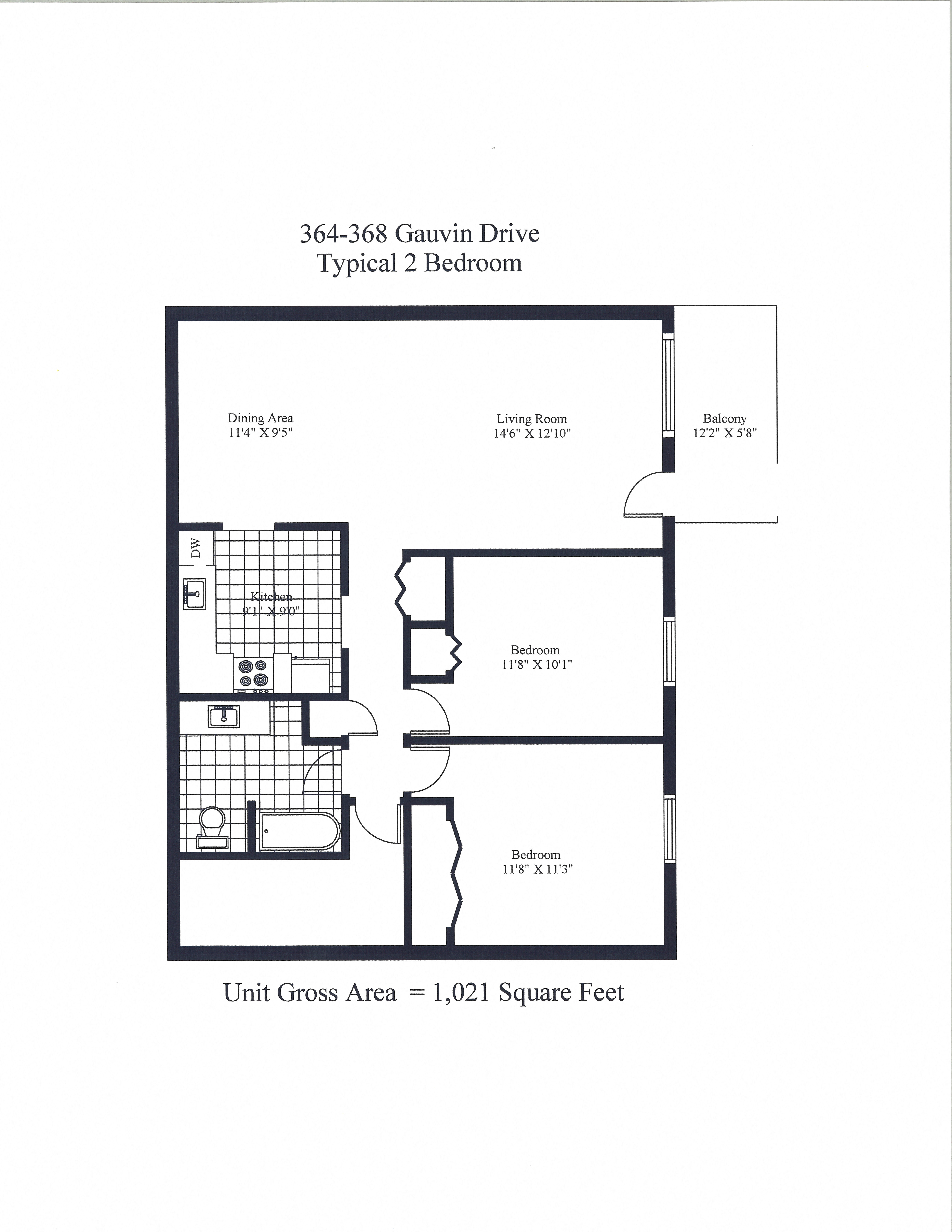 Floor plan for 2 beds, 1 bath, 1000 sqft